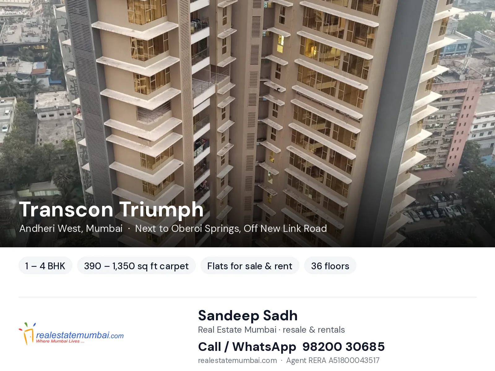 Transcon Triumph, Andheri West, Mumbai — 1 – 4 BHK flats for sale & rent | Real Estate Mumbai, Sandeep Sadh 98200 30685