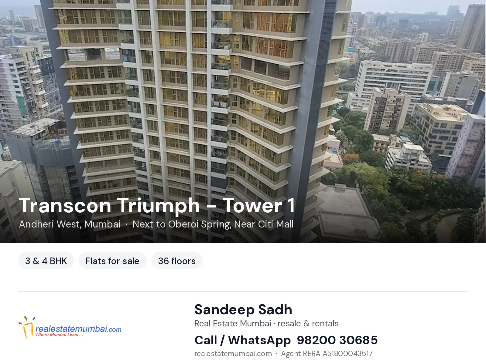 Transcon Triumph - Tower 1, Andheri West, Mumbai — 3 & 4 BHK flats for sale | Real Estate Mumbai, Sandeep Sadh 98200 30685