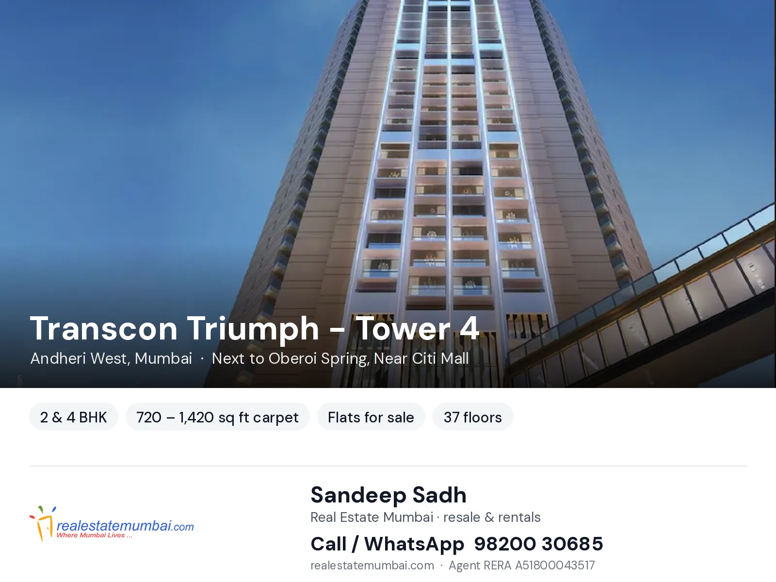 Transcon Triumph - Tower 4, Andheri West, Mumbai — 2 & 4 BHK flats for sale | Real Estate Mumbai, Sandeep Sadh 98200 30685