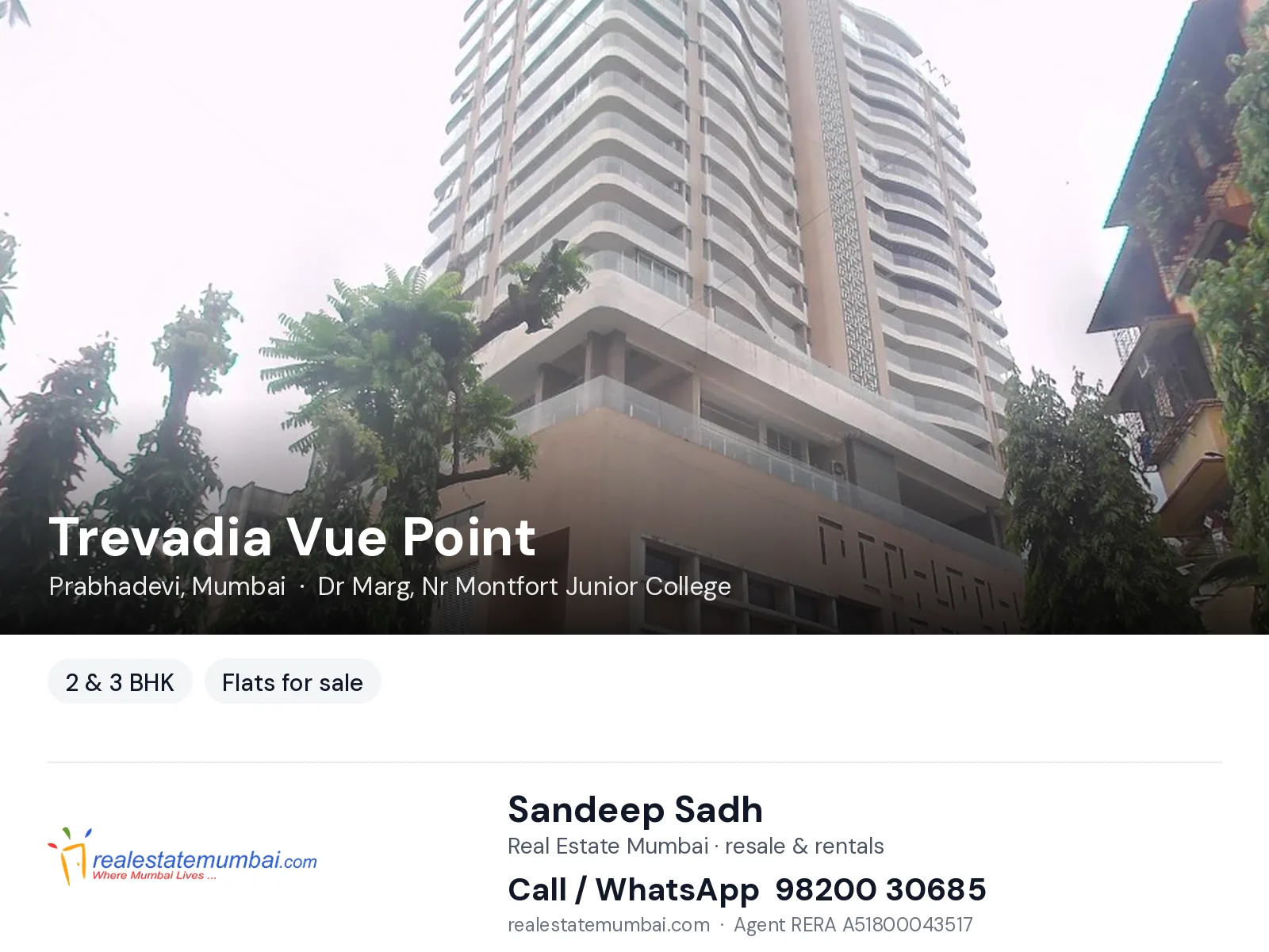 Trevadia Vue Point, Prabhadevi, Mumbai — 2 & 3 BHK flats for sale | Real Estate Mumbai, Sandeep Sadh 98200 30685