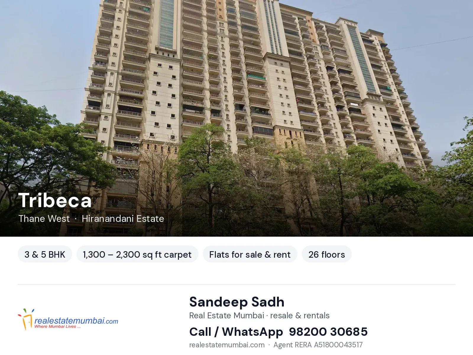 Tribeca, Thane West — 3 & 5 BHK flats for sale & rent | Real Estate Mumbai, Sandeep Sadh 98200 30685