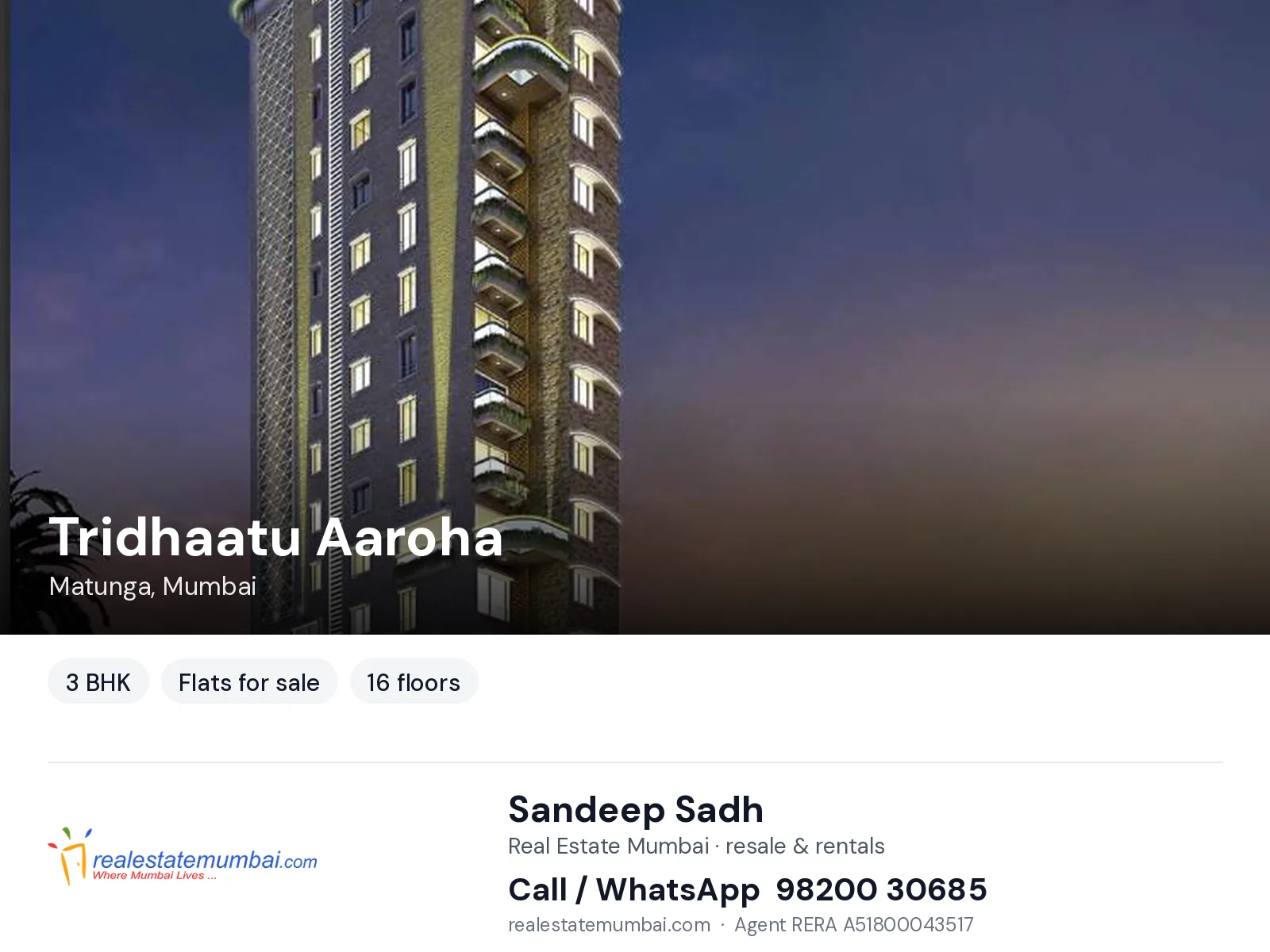 Tridhaatu Aaroha, Matunga, Mumbai — 3 BHK flats for sale | Real Estate Mumbai, Sandeep Sadh 98200 30685