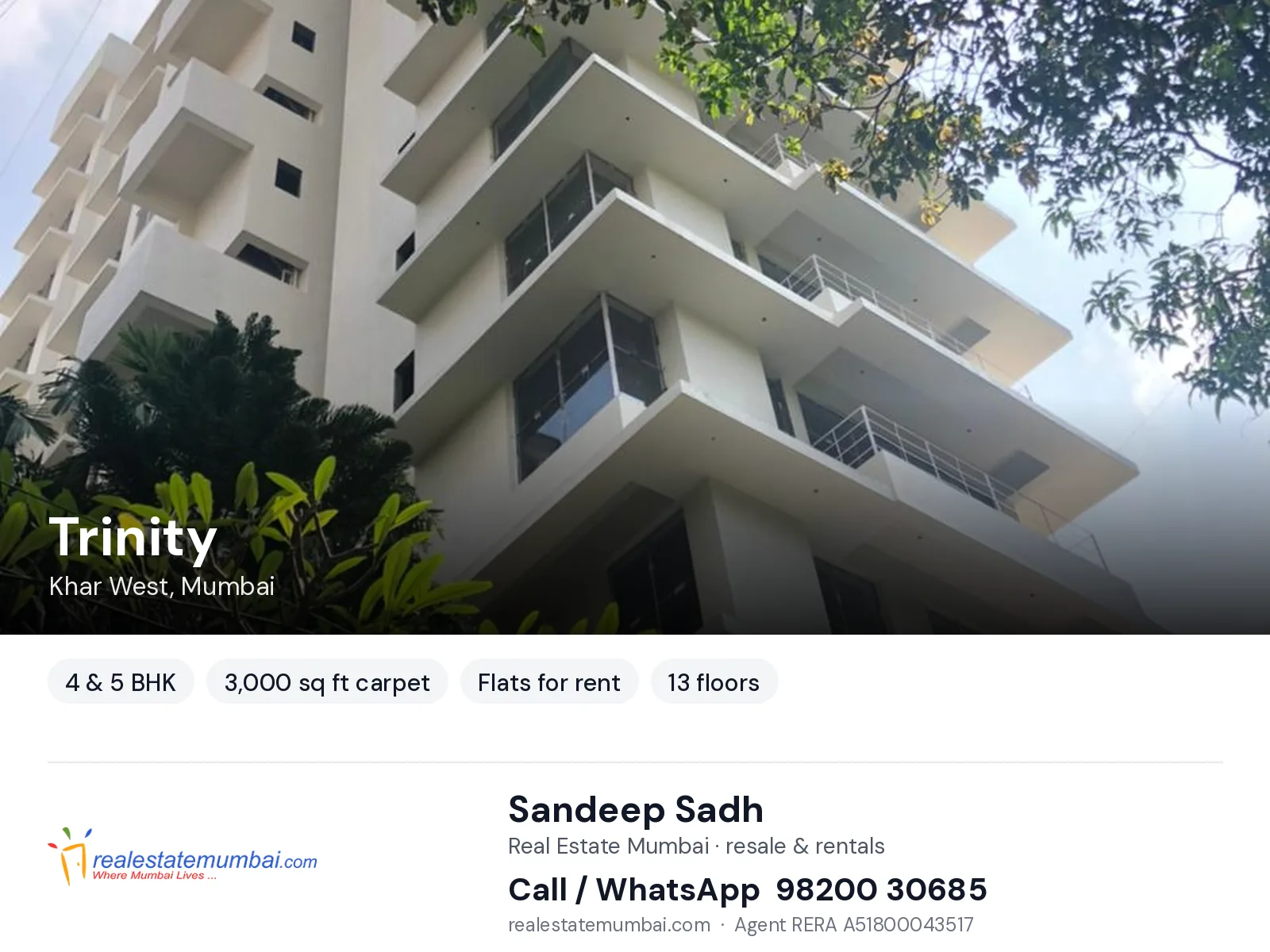 Trinity, Khar West, Mumbai — 4 & 5 BHK flats for rent | Real Estate Mumbai, Sandeep Sadh 98200 30685
