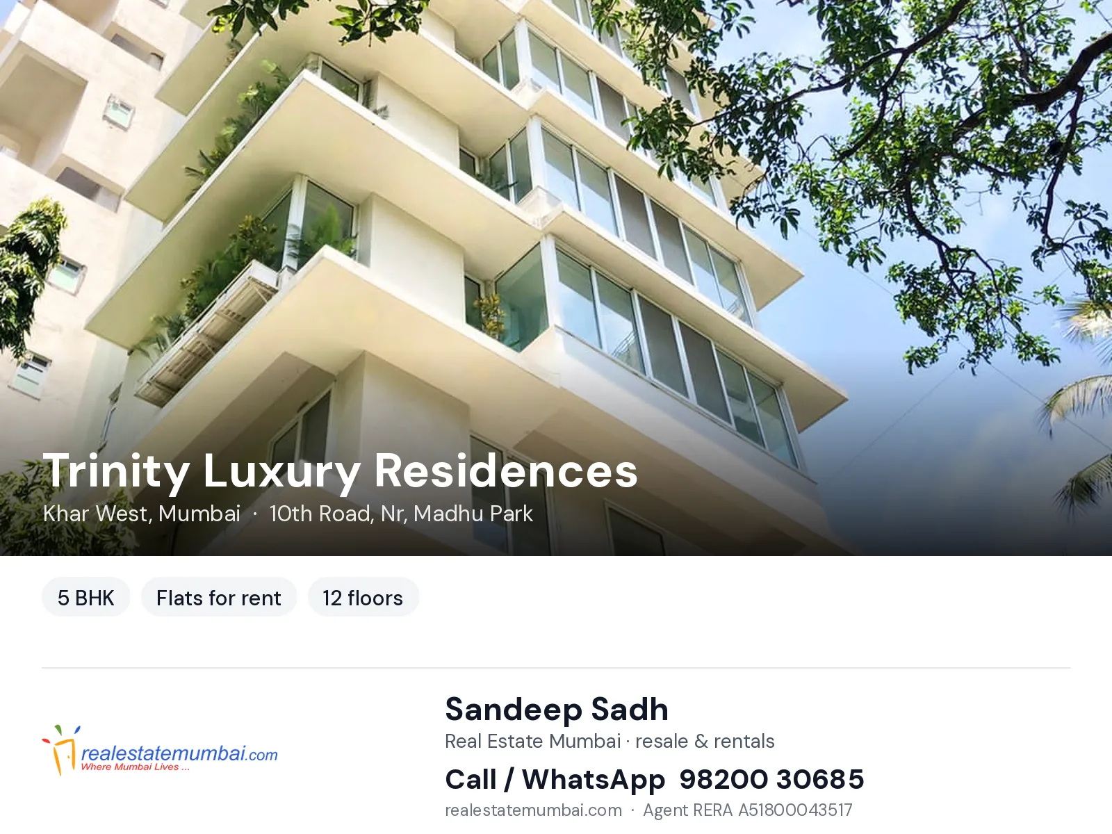 Trinity Luxury Residences, Khar West, Mumbai — 5 BHK flats for rent | Real Estate Mumbai, Sandeep Sadh 98200 30685