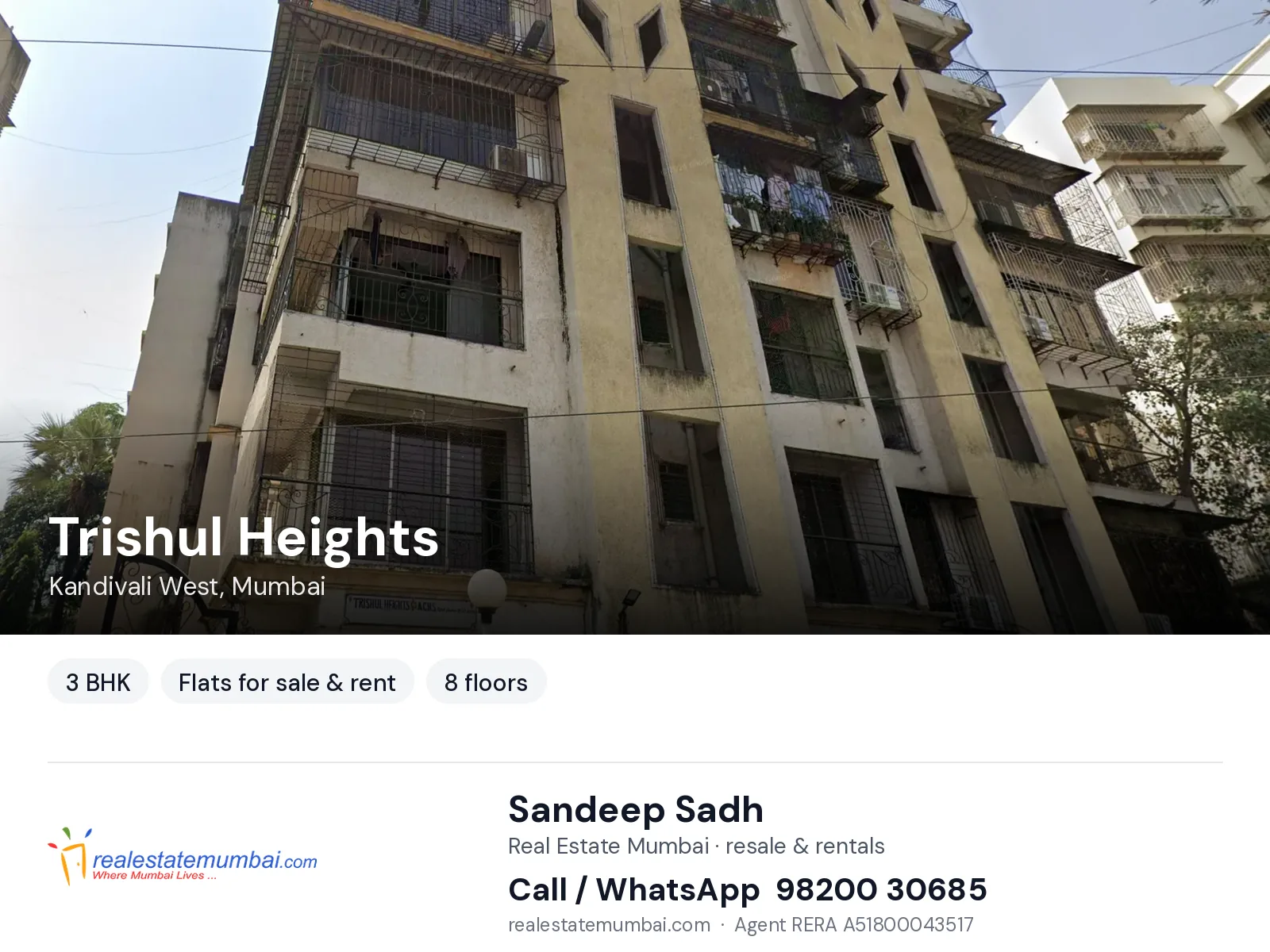 Trishul Heights, Kandivali West, Mumbai — 3 BHK flats for sale & rent | Real Estate Mumbai, Sandeep Sadh 98200 30685