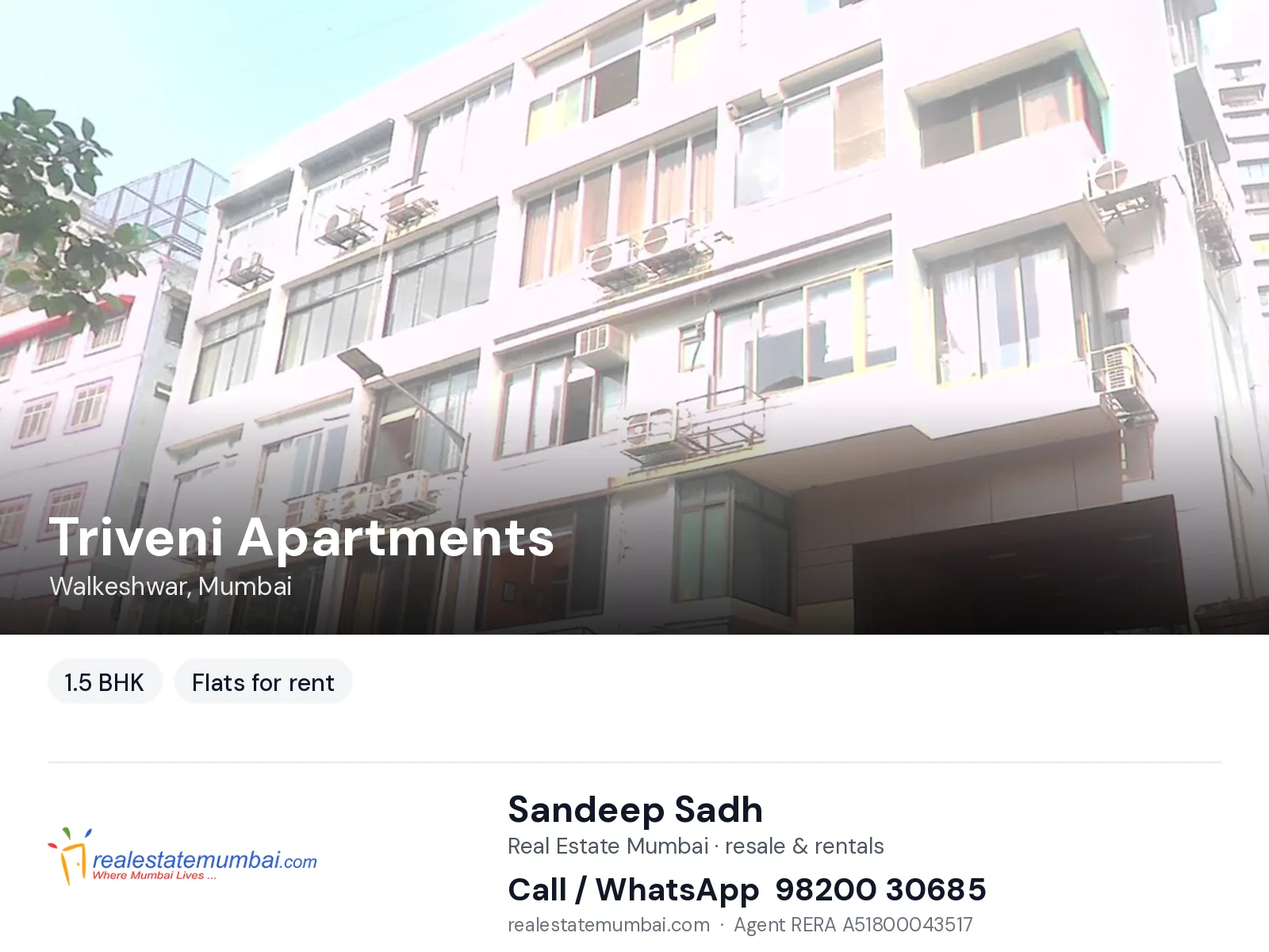 Triveni Apartments, Walkeshwar, Mumbai — 1.5 BHK flats for rent | Real Estate Mumbai, Sandeep Sadh 98200 30685