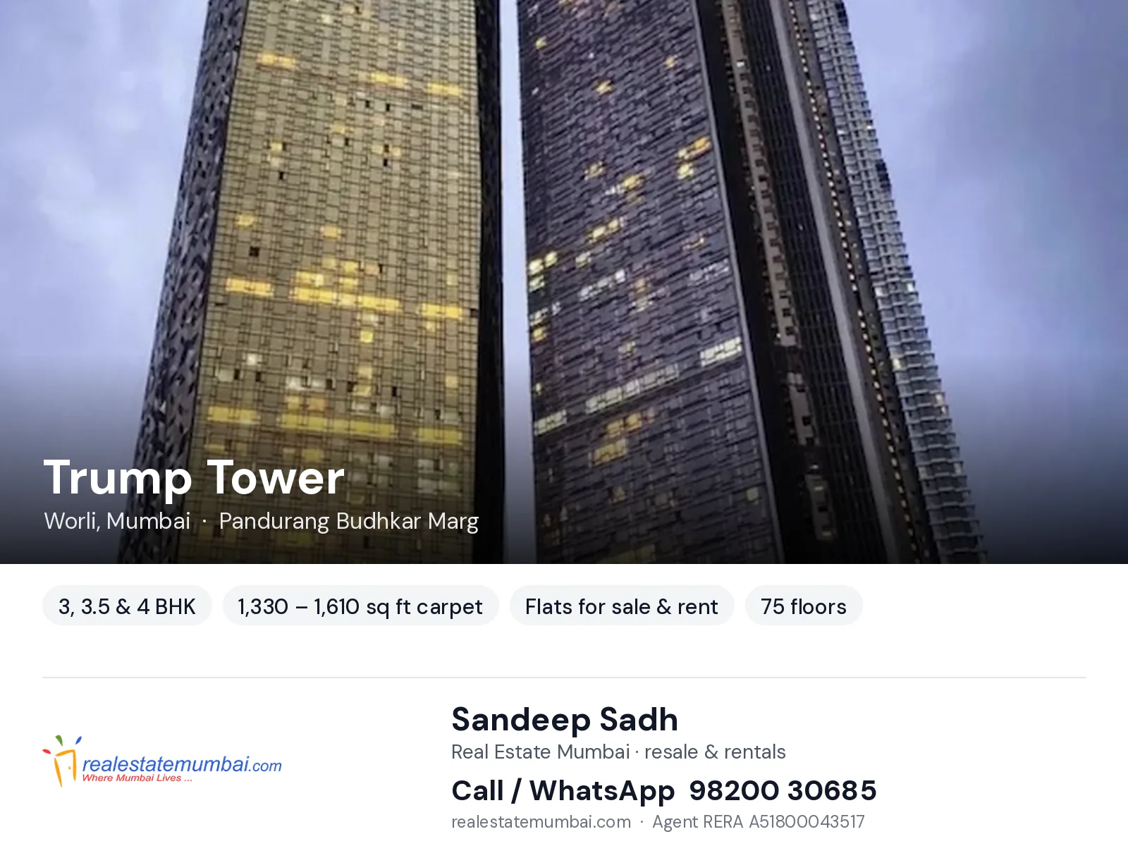 Trump Tower, Worli, Mumbai — 3, 3.5 & 4 BHK flats for sale & rent | Real Estate Mumbai, Sandeep Sadh 98200 30685
