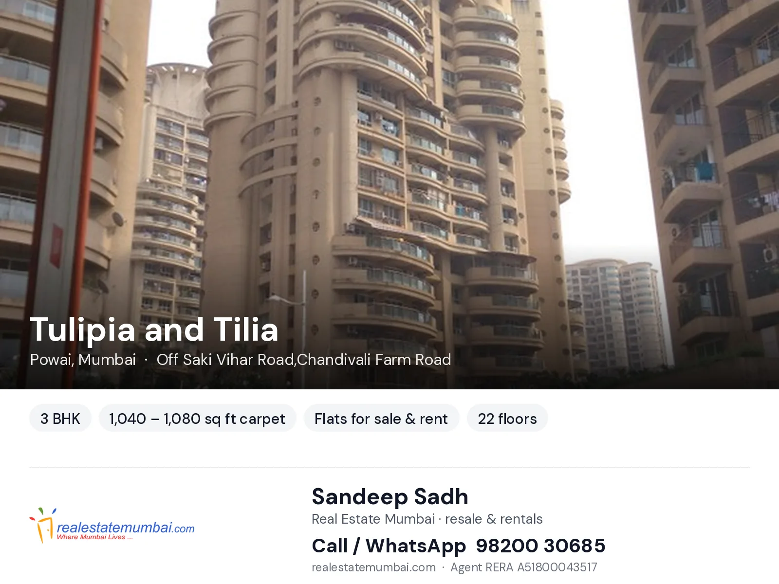 Tulipia and Tilia, Powai, Mumbai — 3 BHK flats for sale & rent | Real Estate Mumbai, Sandeep Sadh 98200 30685