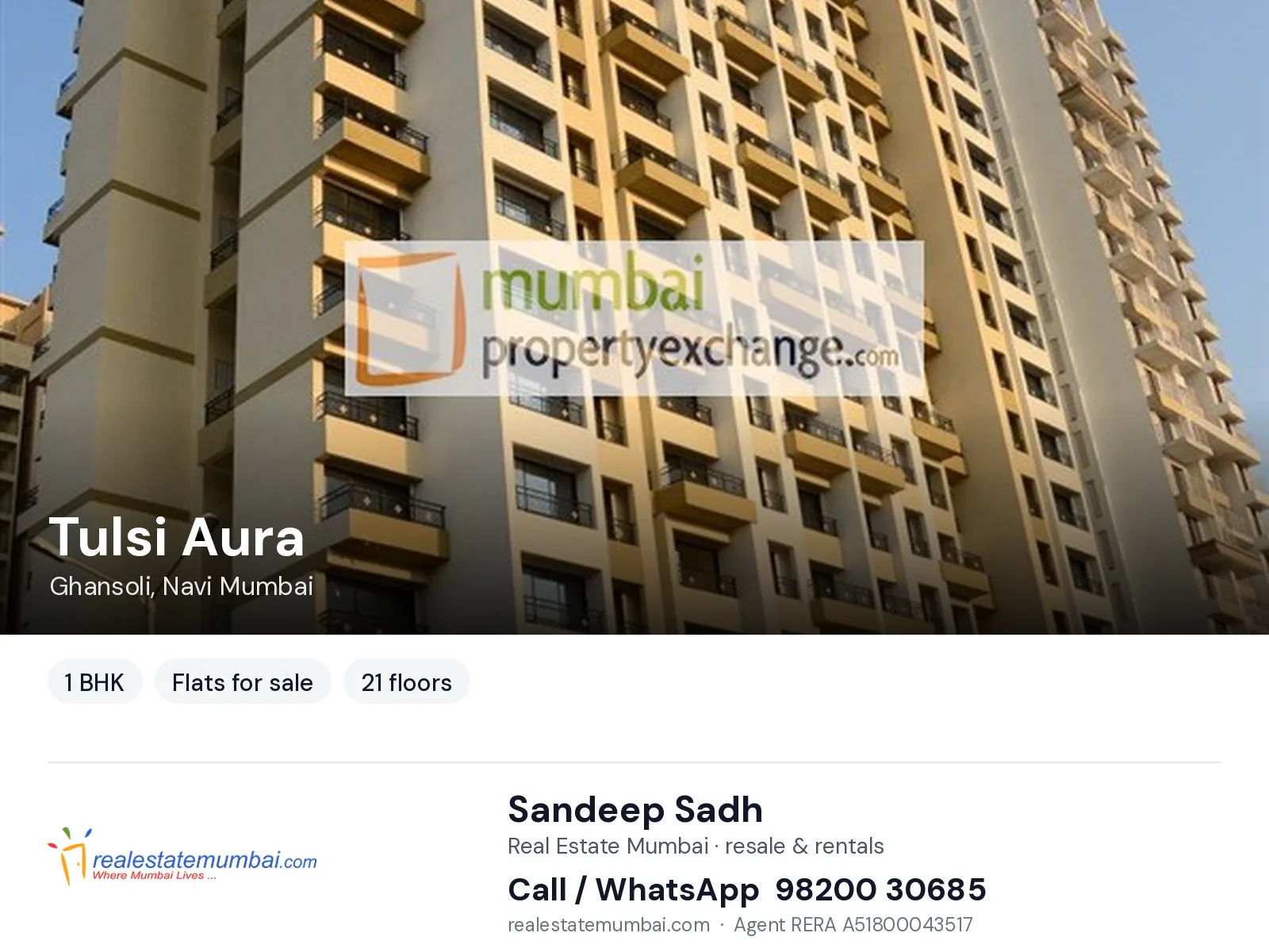 Tulsi Aura, Ghansoli, Navi Mumbai — 1 BHK flats for sale | Real Estate Mumbai, Sandeep Sadh 98200 30685