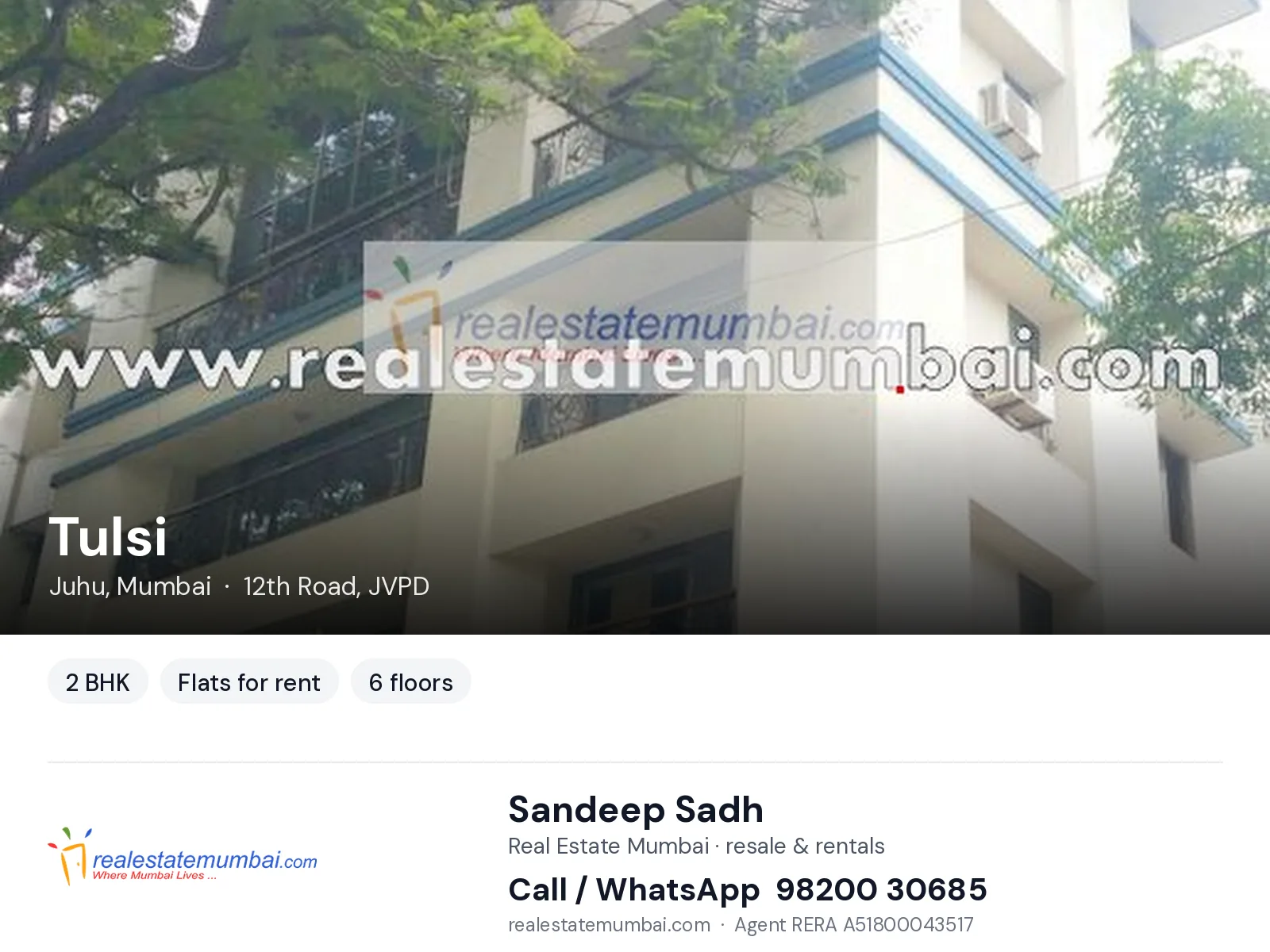 Tulsi, Juhu, Mumbai — 2 BHK flats for rent | Real Estate Mumbai, Sandeep Sadh 98200 30685