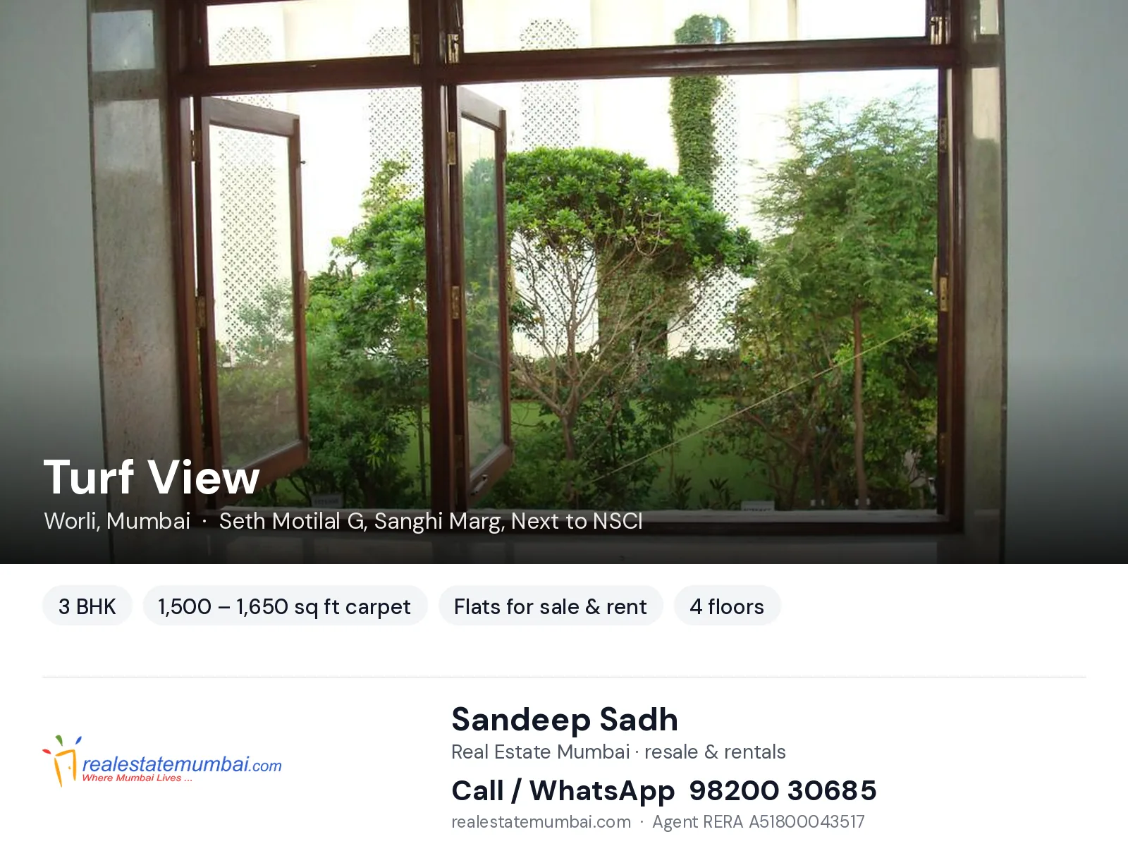 Turf View, Worli, Mumbai — 3 BHK flats for sale & rent | Real Estate Mumbai, Sandeep Sadh 98200 30685