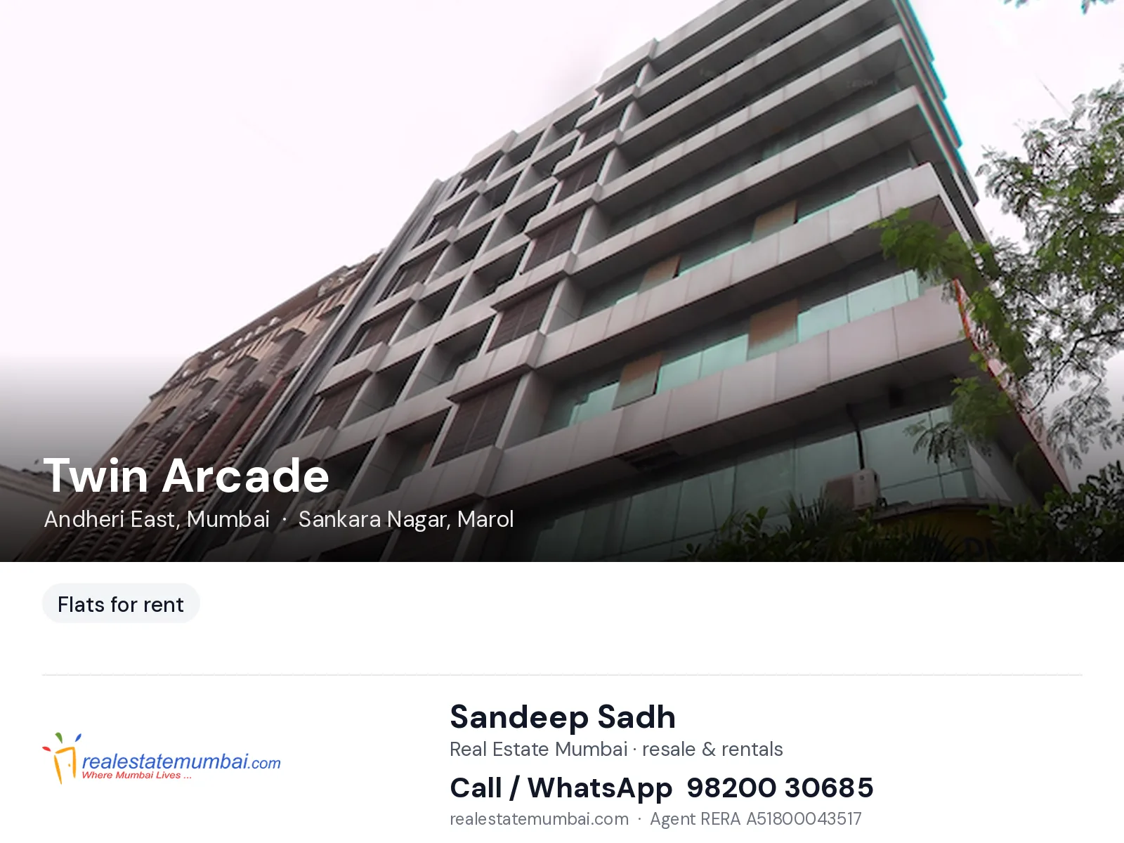 Twin Arcade, Andheri East, Mumbai — flats for rent | Real Estate Mumbai, Sandeep Sadh 98200 30685