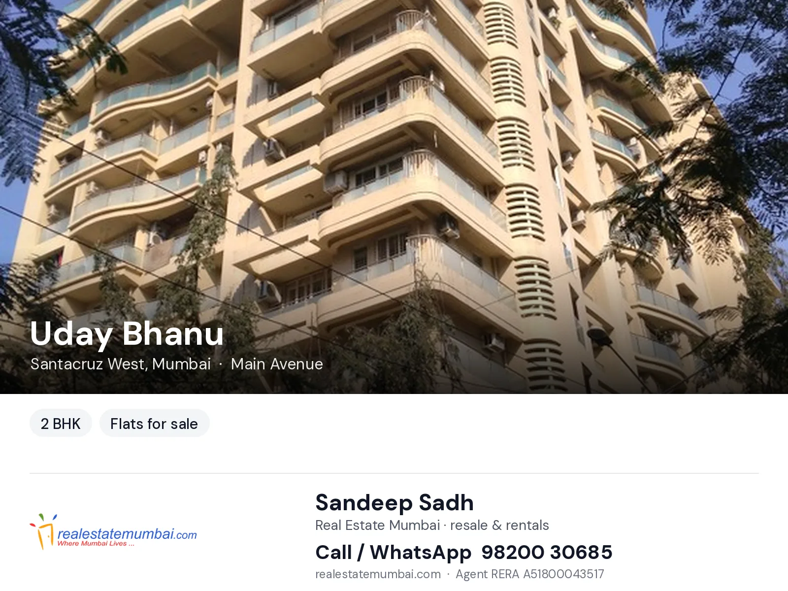 Uday Bhanu, Santacruz West, Mumbai — 2 BHK flats for sale | Real Estate Mumbai, Sandeep Sadh 98200 30685