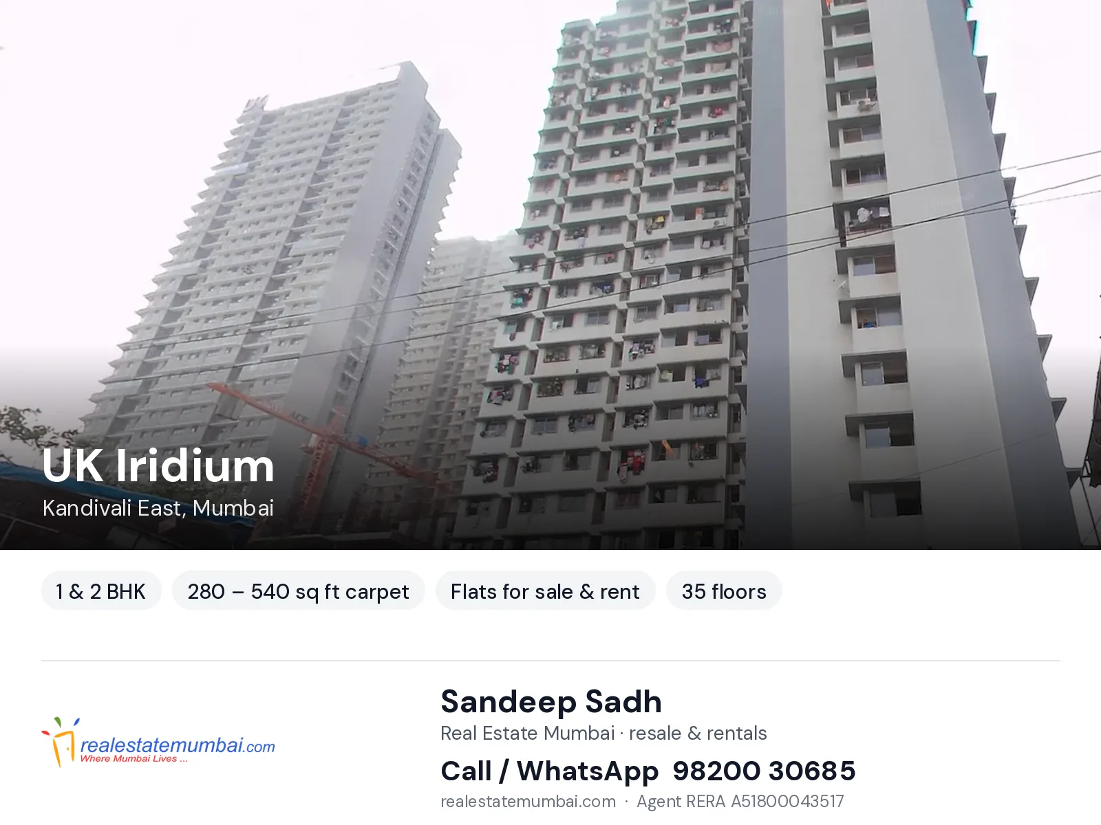 UK Iridium, Kandivali East, Mumbai — 1 & 2 BHK flats for sale & rent | Real Estate Mumbai, Sandeep Sadh 98200 30685