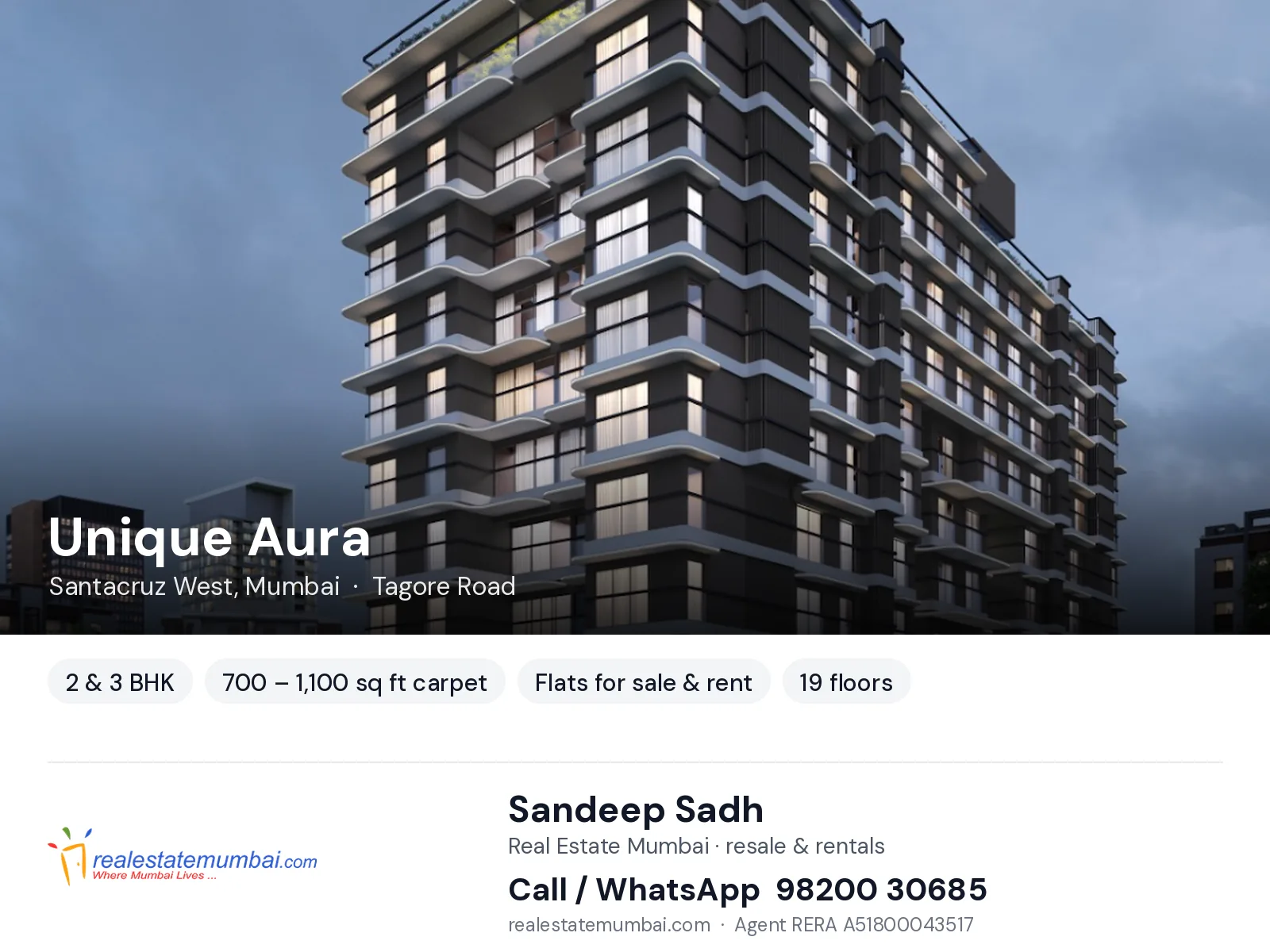 Unique Aura, Santacruz West, Mumbai — 2 & 3 BHK flats for sale & rent | Real Estate Mumbai, Sandeep Sadh 98200 30685