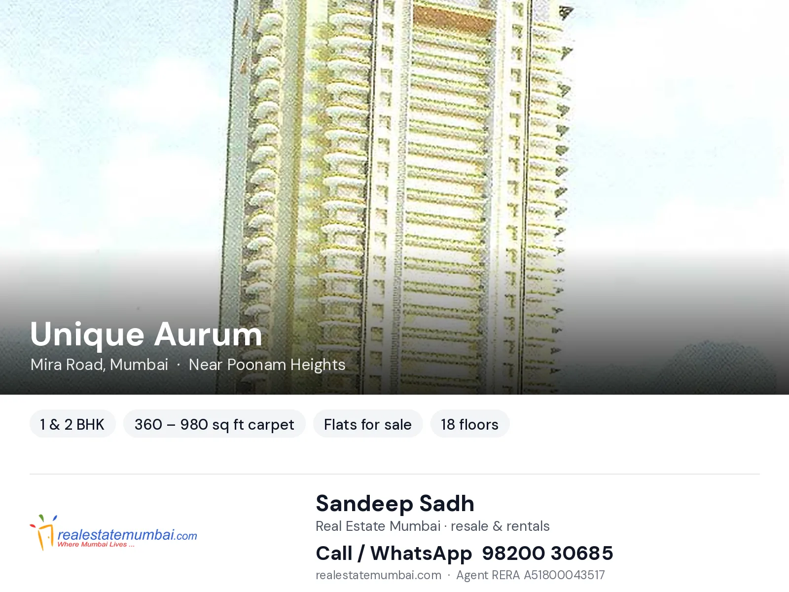 Unique Aurum, Mira Road, Mumbai — 1 & 2 BHK flats for sale | Real Estate Mumbai, Sandeep Sadh 98200 30685