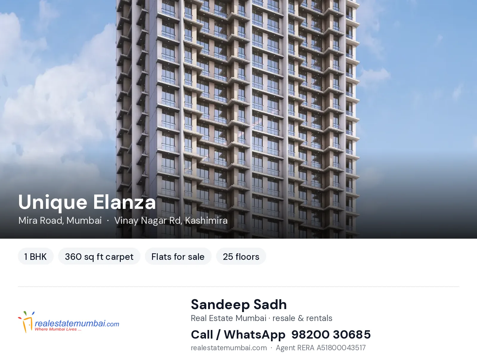 Unique Elanza, Mira Road, Mumbai — 1 BHK flats for sale | Real Estate Mumbai, Sandeep Sadh 98200 30685