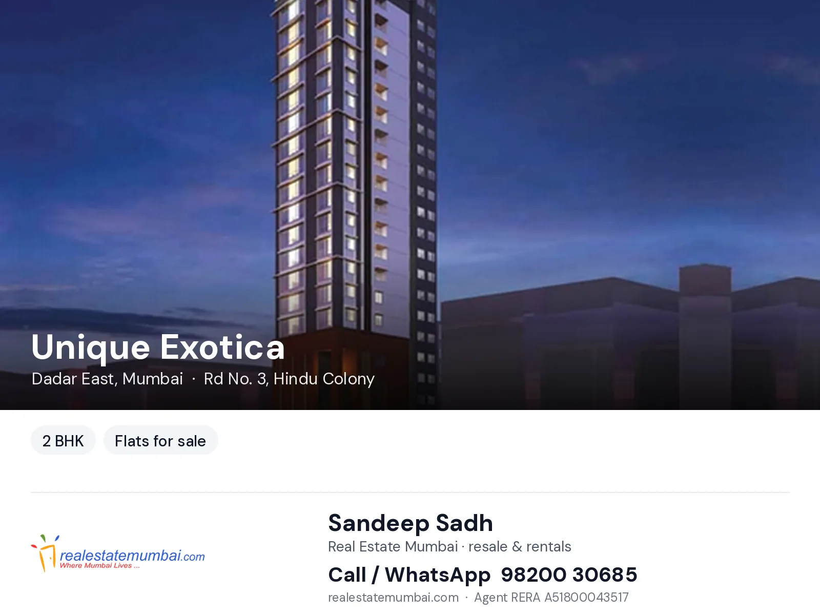 Unique Exotica, Dadar East, Mumbai — 2 BHK flats for sale | Real Estate Mumbai, Sandeep Sadh 98200 30685