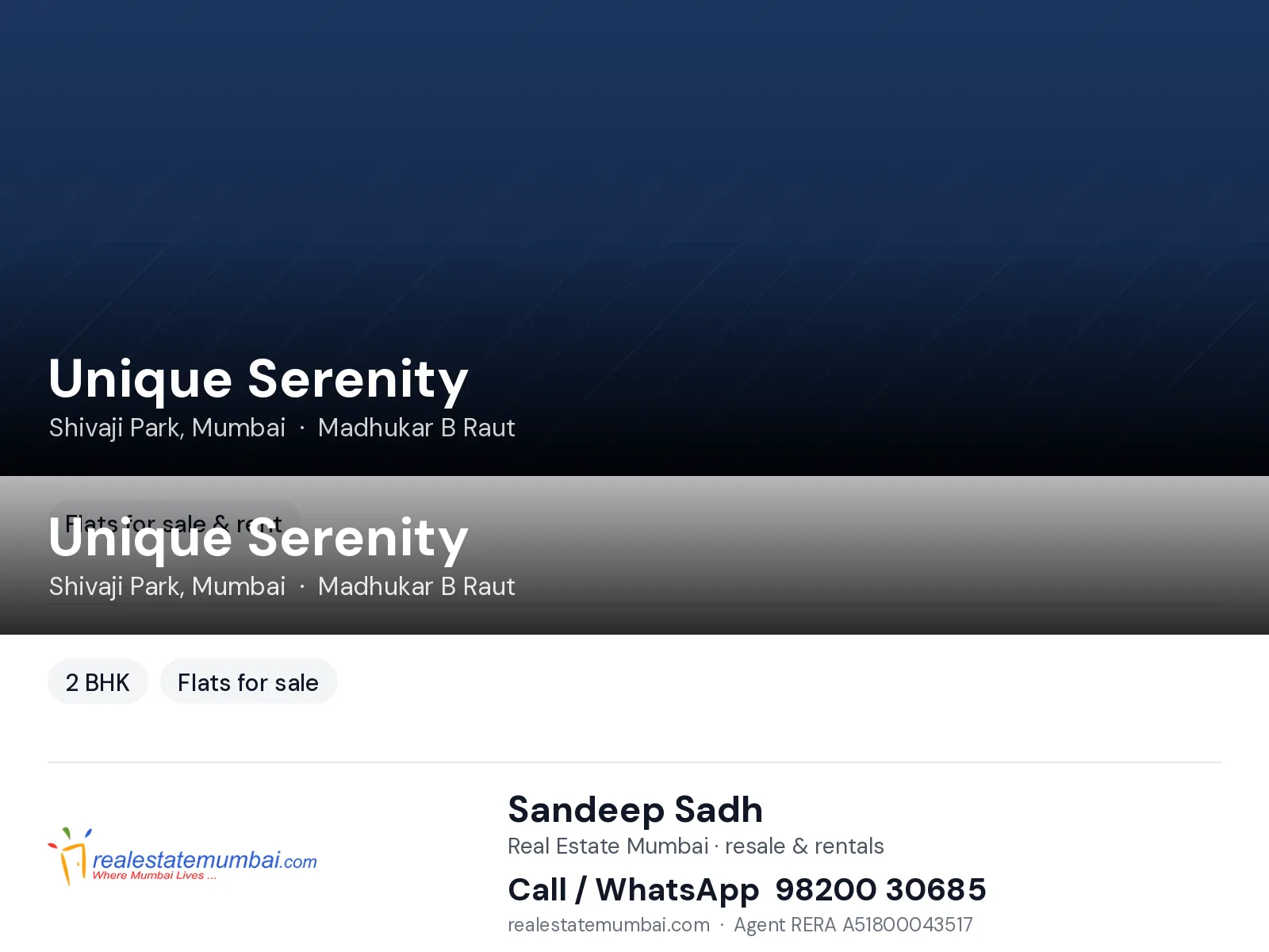 Unique Serenity, Shivaji Park, Mumbai — 2 BHK flats for sale | Real Estate Mumbai, Sandeep Sadh 98200 30685