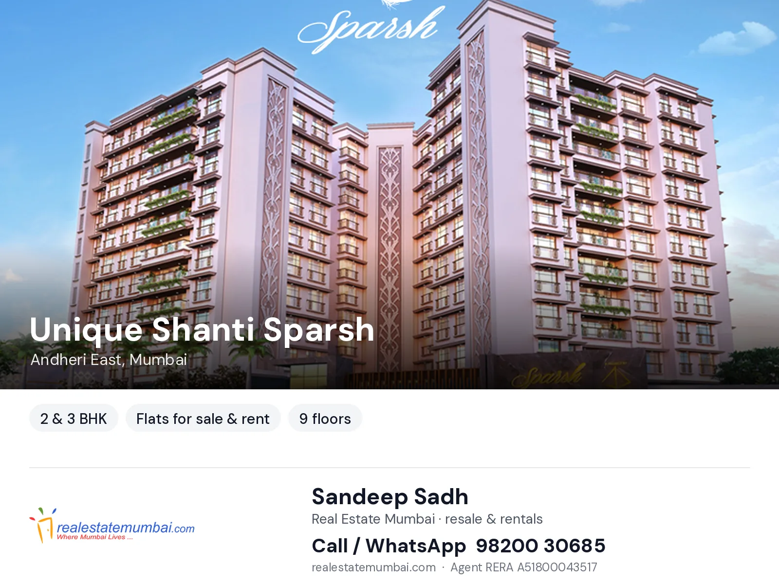 Unique Shanti Sparsh, Andheri East, Mumbai — 2 & 3 BHK flats for sale & rent | Real Estate Mumbai, Sandeep Sadh 98200 30685