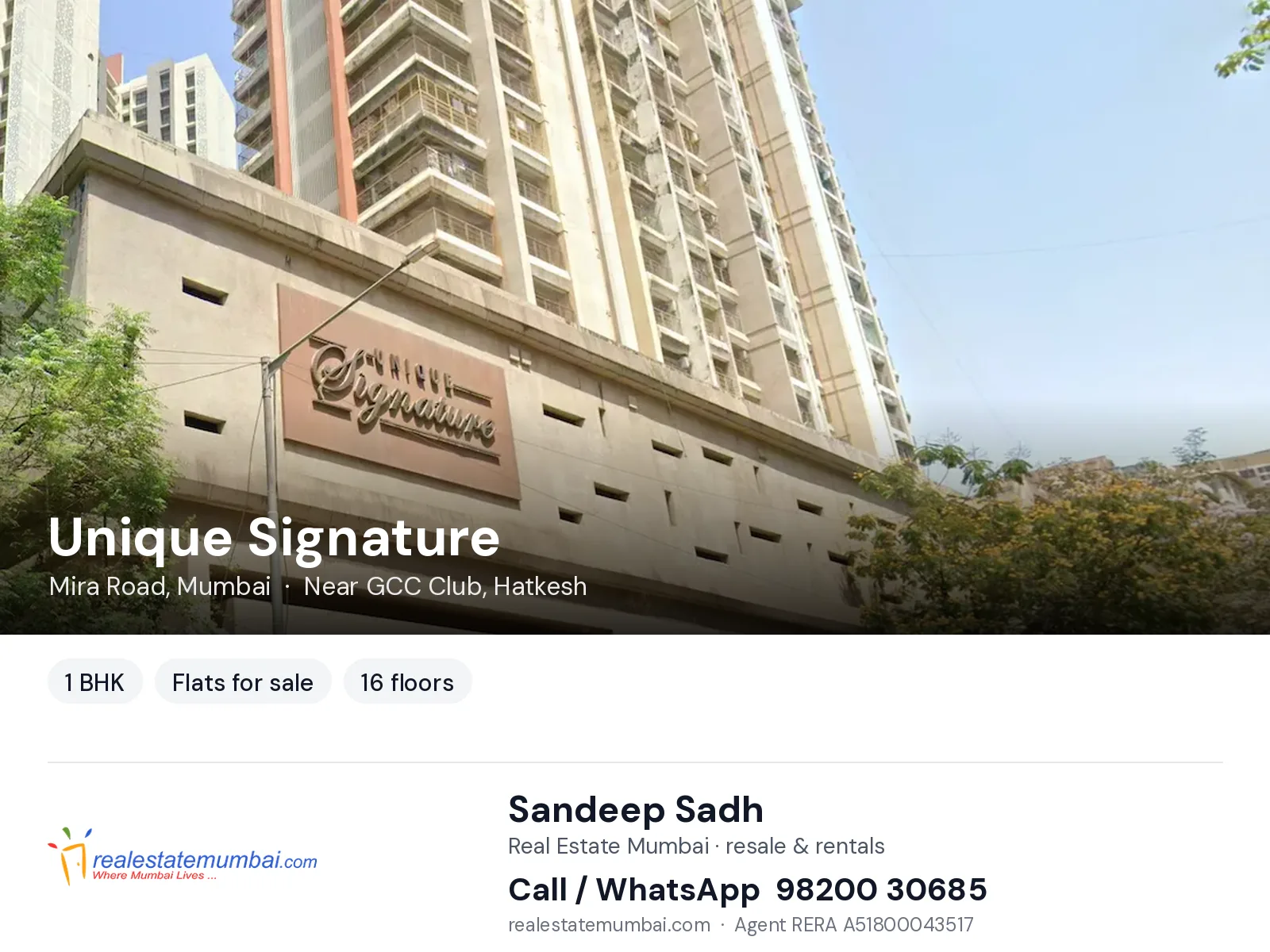 Unique Signature, Mira Road, Mumbai — 1 BHK flats for sale | Real Estate Mumbai, Sandeep Sadh 98200 30685