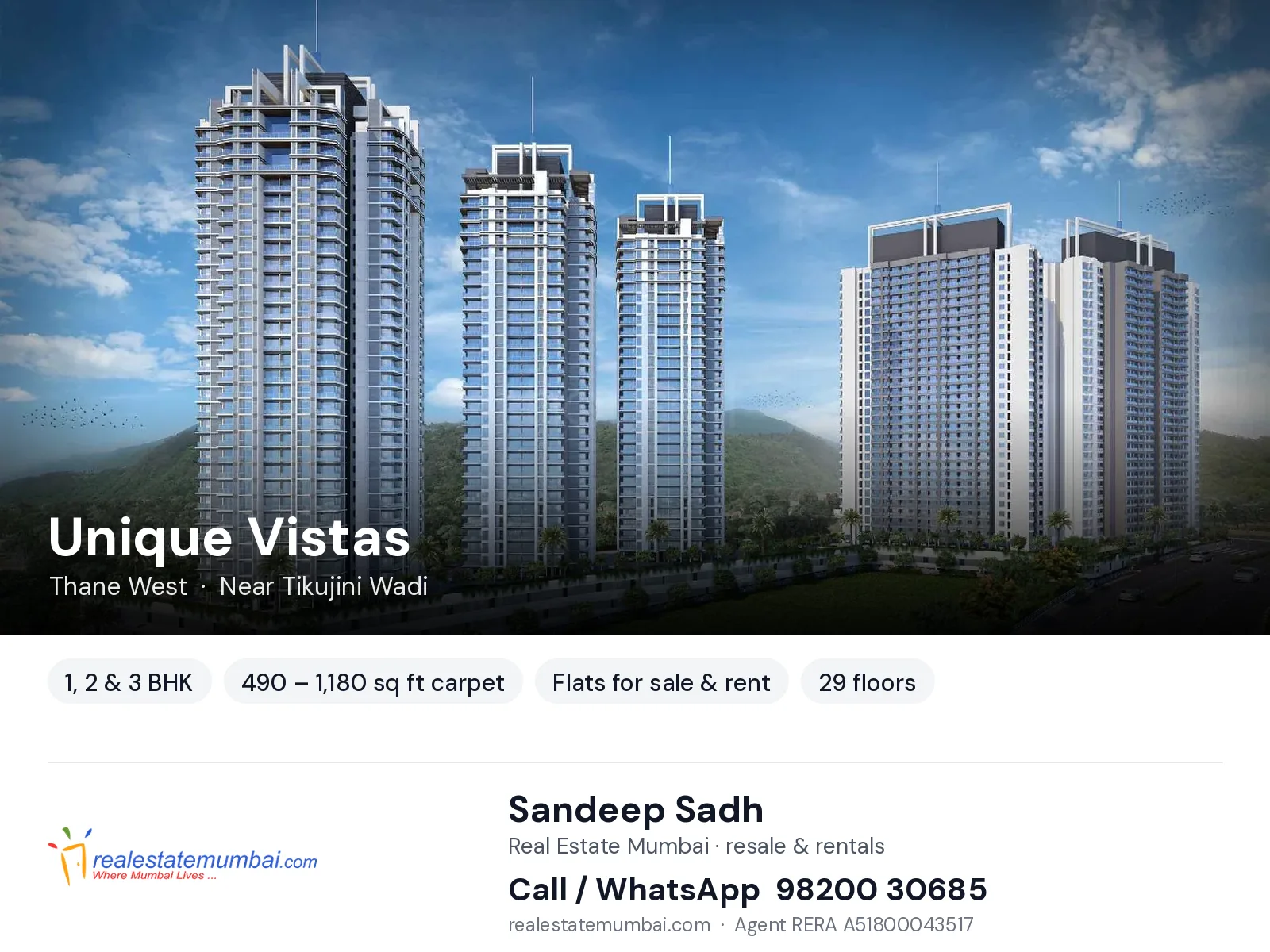 Unique Vistas, Thane West — 1, 2 & 3 BHK flats for sale & rent | Real Estate Mumbai, Sandeep Sadh 98200 30685