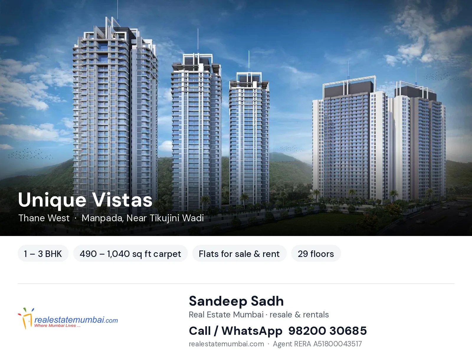 Unique Vistas, Thane West — 1 – 3 BHK flats for sale & rent | Real Estate Mumbai, Sandeep Sadh 98200 30685