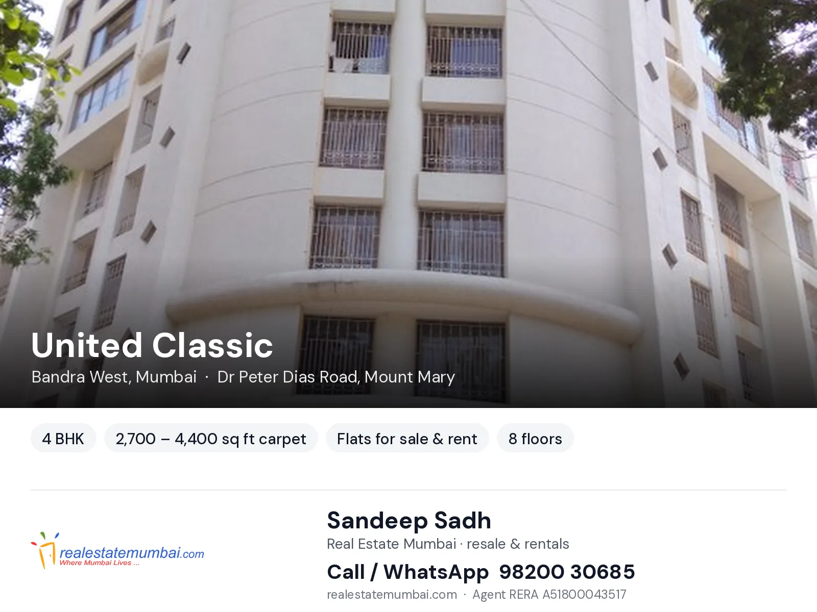 United Classic, Bandra West, Mumbai — 4 BHK flats for sale & rent | Real Estate Mumbai, Sandeep Sadh 98200 30685