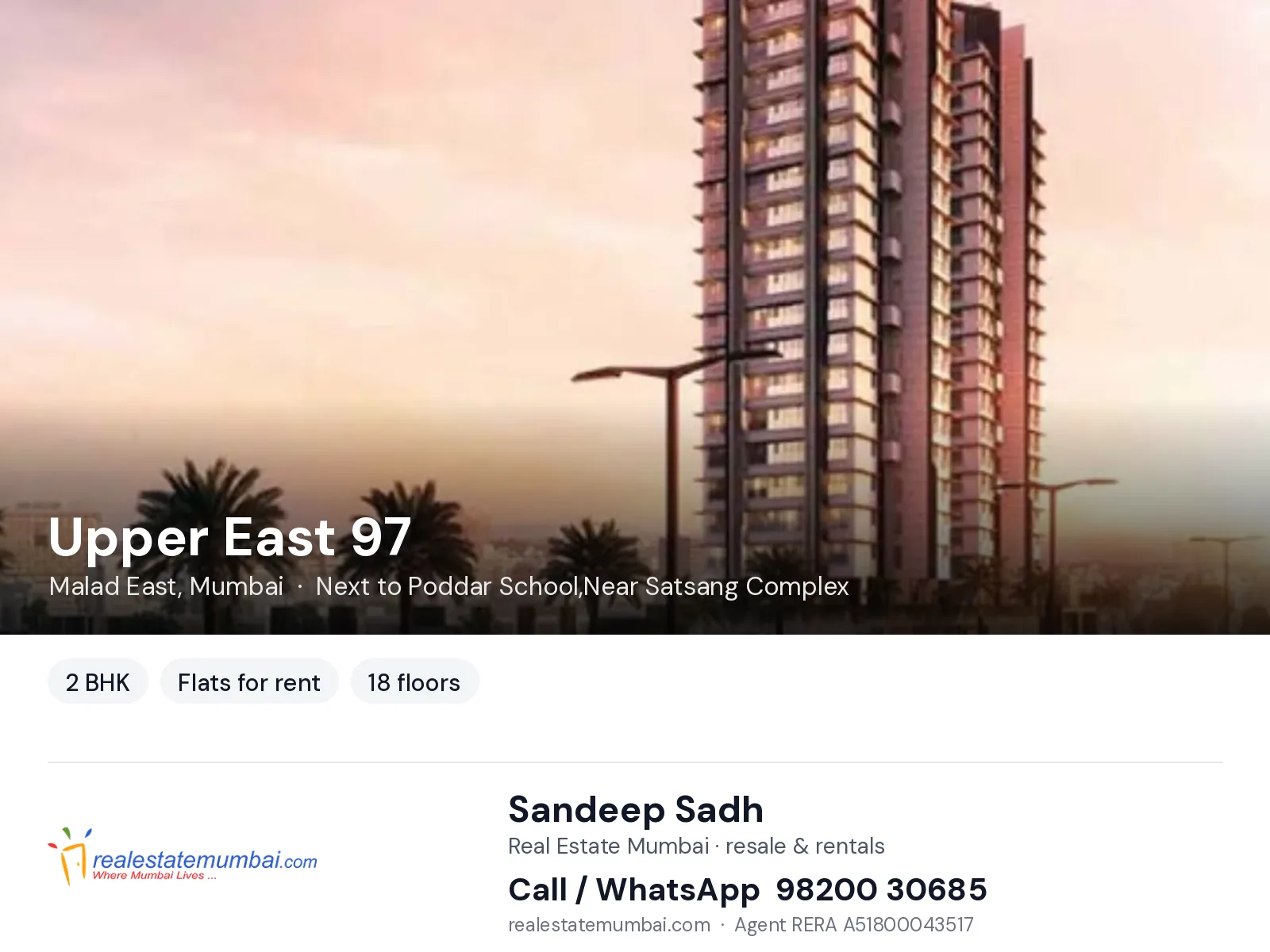 Upper East 97, Malad East, Mumbai — 2 BHK flats for rent | Real Estate Mumbai, Sandeep Sadh 98200 30685