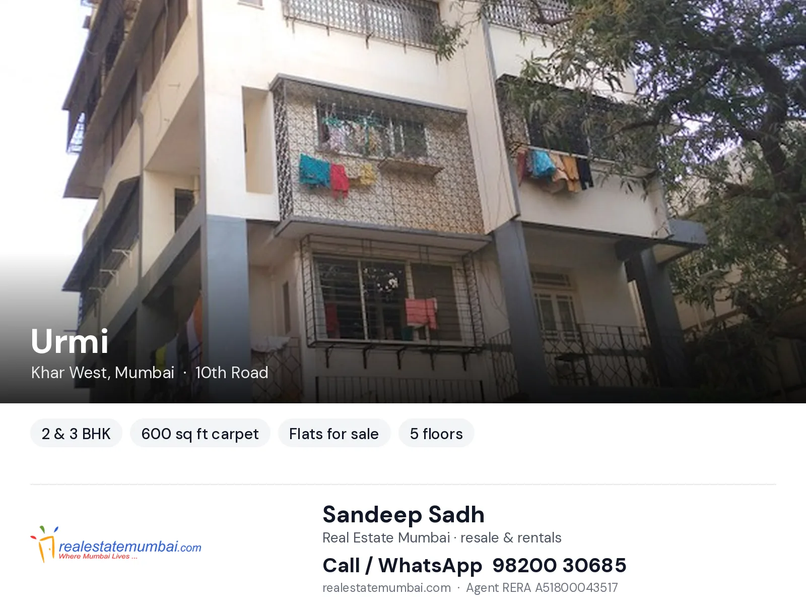 Urmi, Khar West, Mumbai — 2 & 3 BHK flats for sale | Real Estate Mumbai, Sandeep Sadh 98200 30685