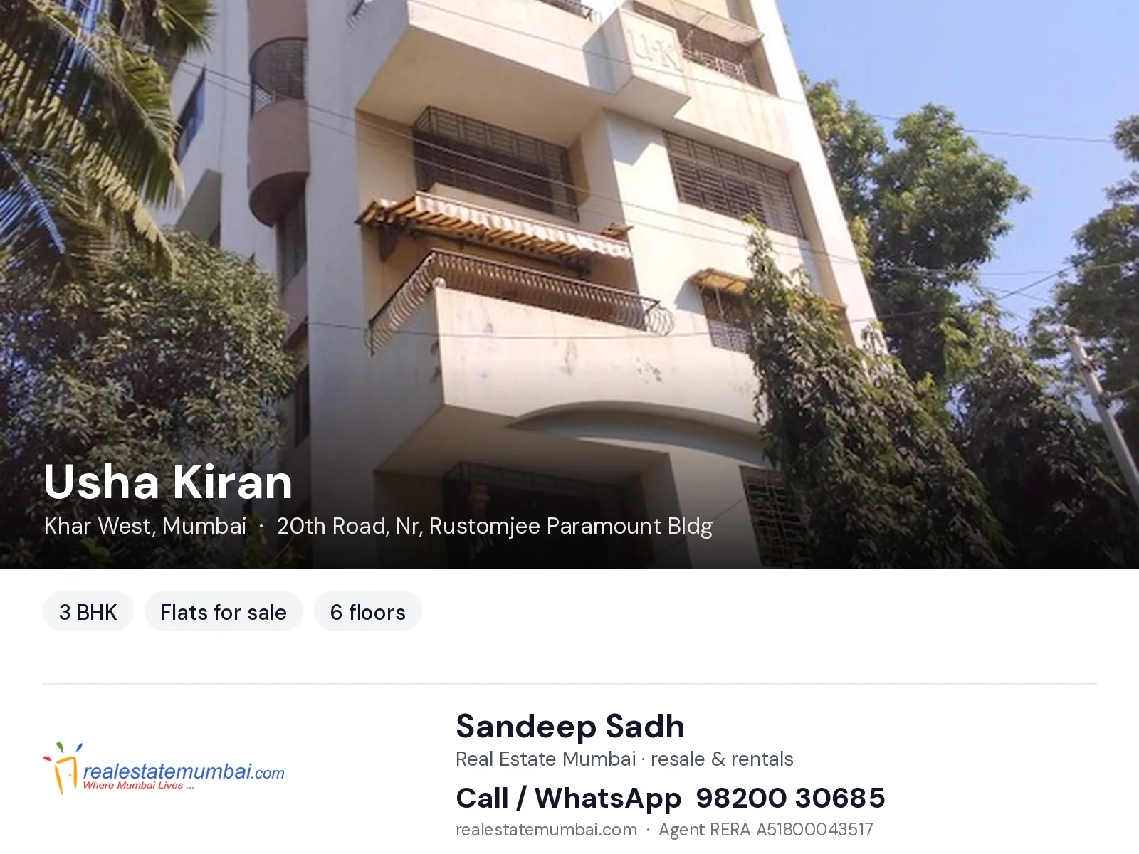 Usha Kiran, Khar West, Mumbai — 3 BHK flats for sale | Real Estate Mumbai, Sandeep Sadh 98200 30685