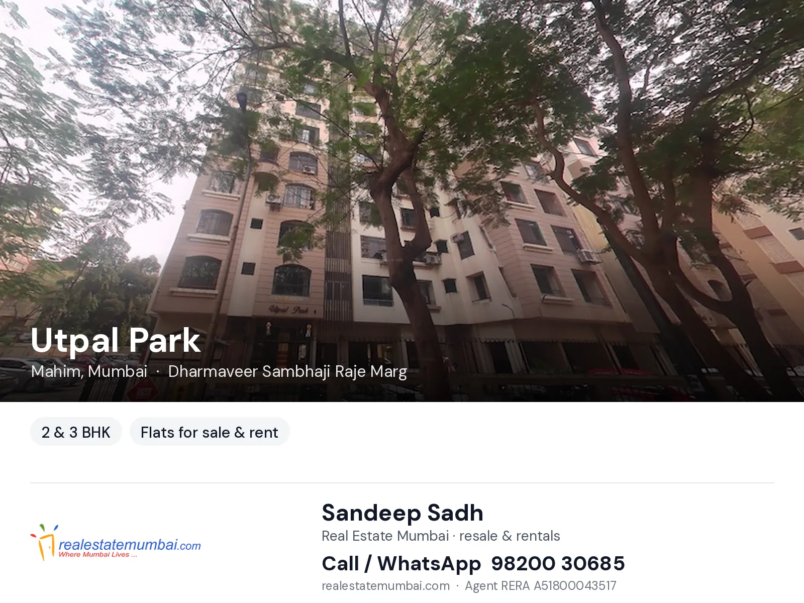 Utpal Park, Mahim, Mumbai — 2 & 3 BHK flats for sale & rent | Real Estate Mumbai, Sandeep Sadh 98200 30685