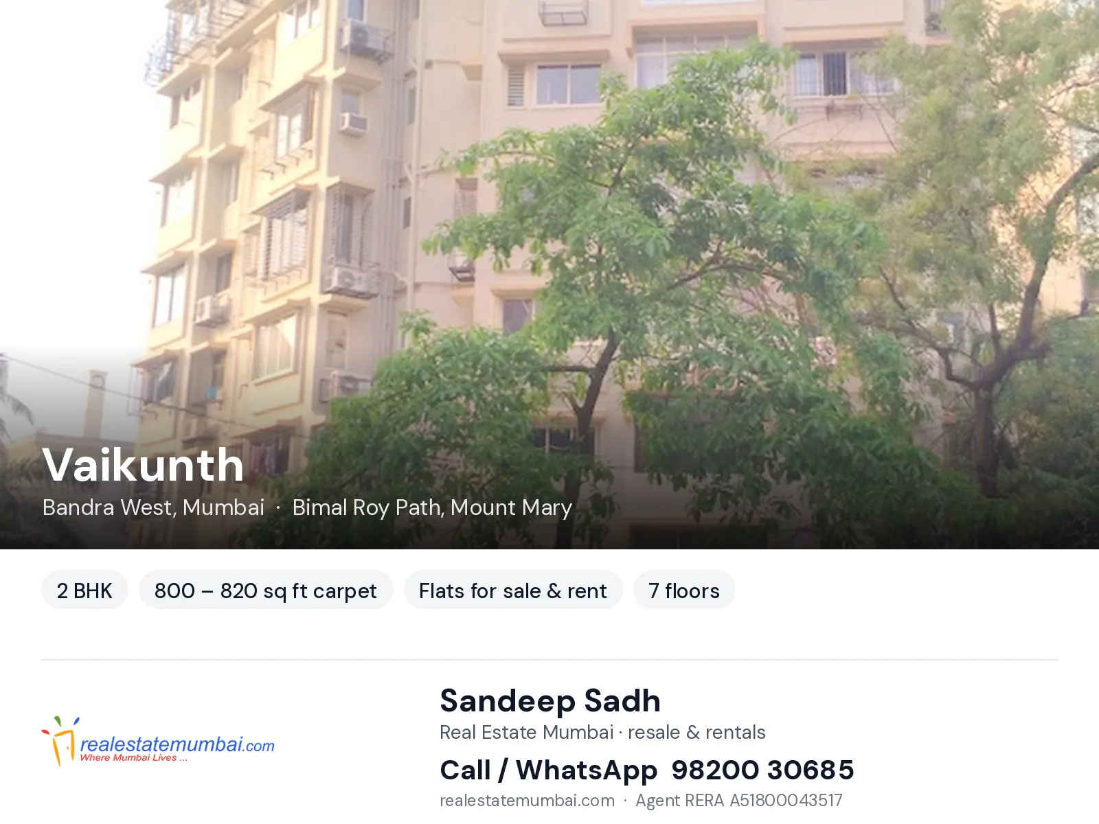 Vaikunth, Bandra West, Mumbai — 2 BHK flats for sale & rent | Real Estate Mumbai, Sandeep Sadh 98200 30685