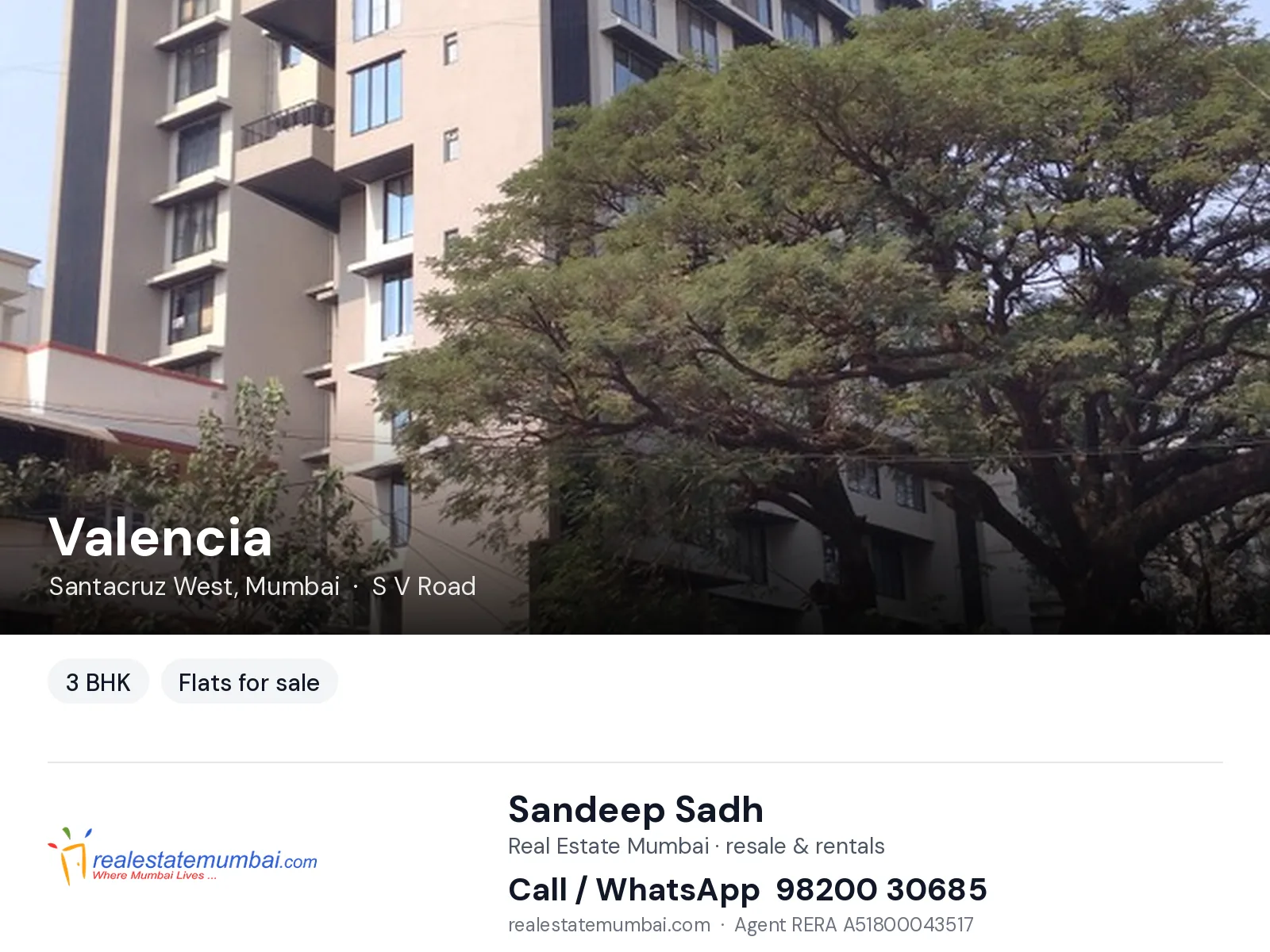 Valencia, Santacruz West, Mumbai — 3 BHK flats for sale | Real Estate Mumbai, Sandeep Sadh 98200 30685