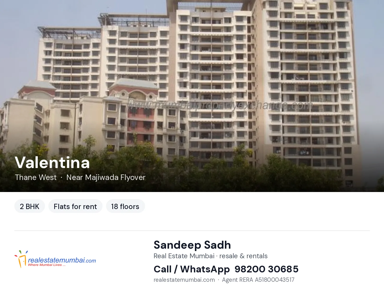 Valentina, Thane West — 2 BHK flats for rent | Real Estate Mumbai, Sandeep Sadh 98200 30685