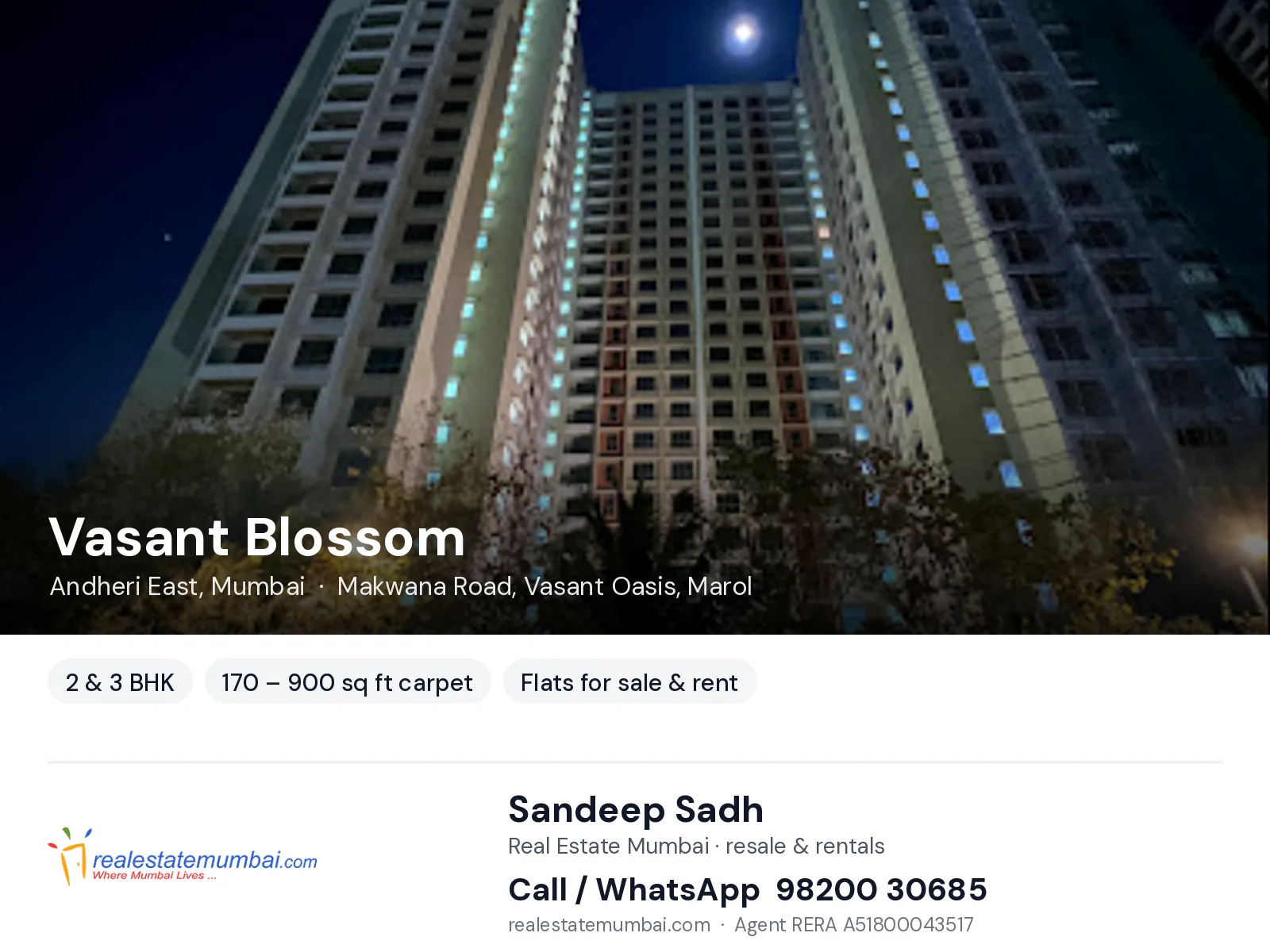 Vasant Blossom, Andheri East, Mumbai — 2 & 3 BHK flats for sale & rent | Real Estate Mumbai, Sandeep Sadh 98200 30685