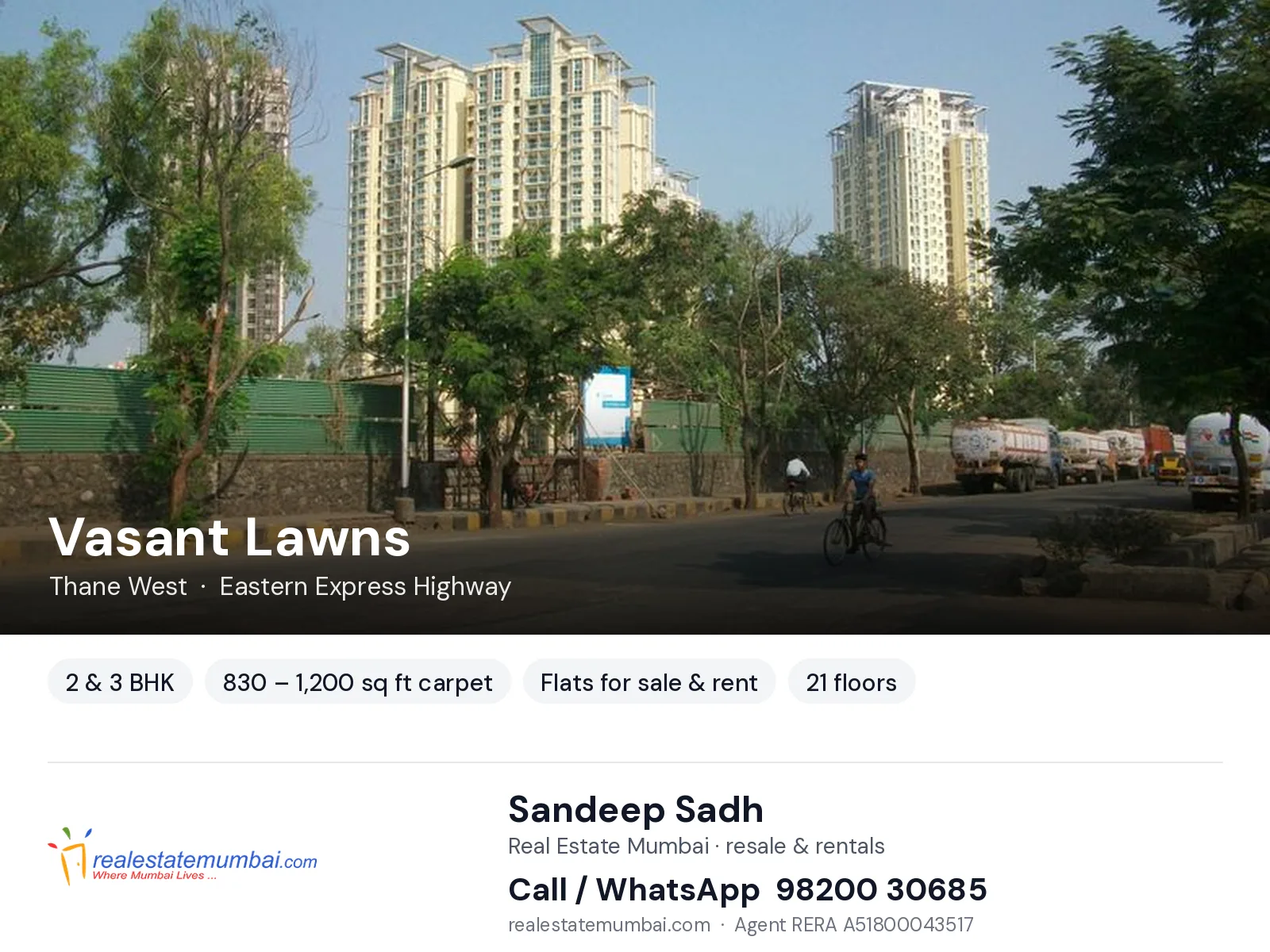 Vasant Lawns, Thane West — 2 & 3 BHK flats for sale & rent | Real Estate Mumbai, Sandeep Sadh 98200 30685
