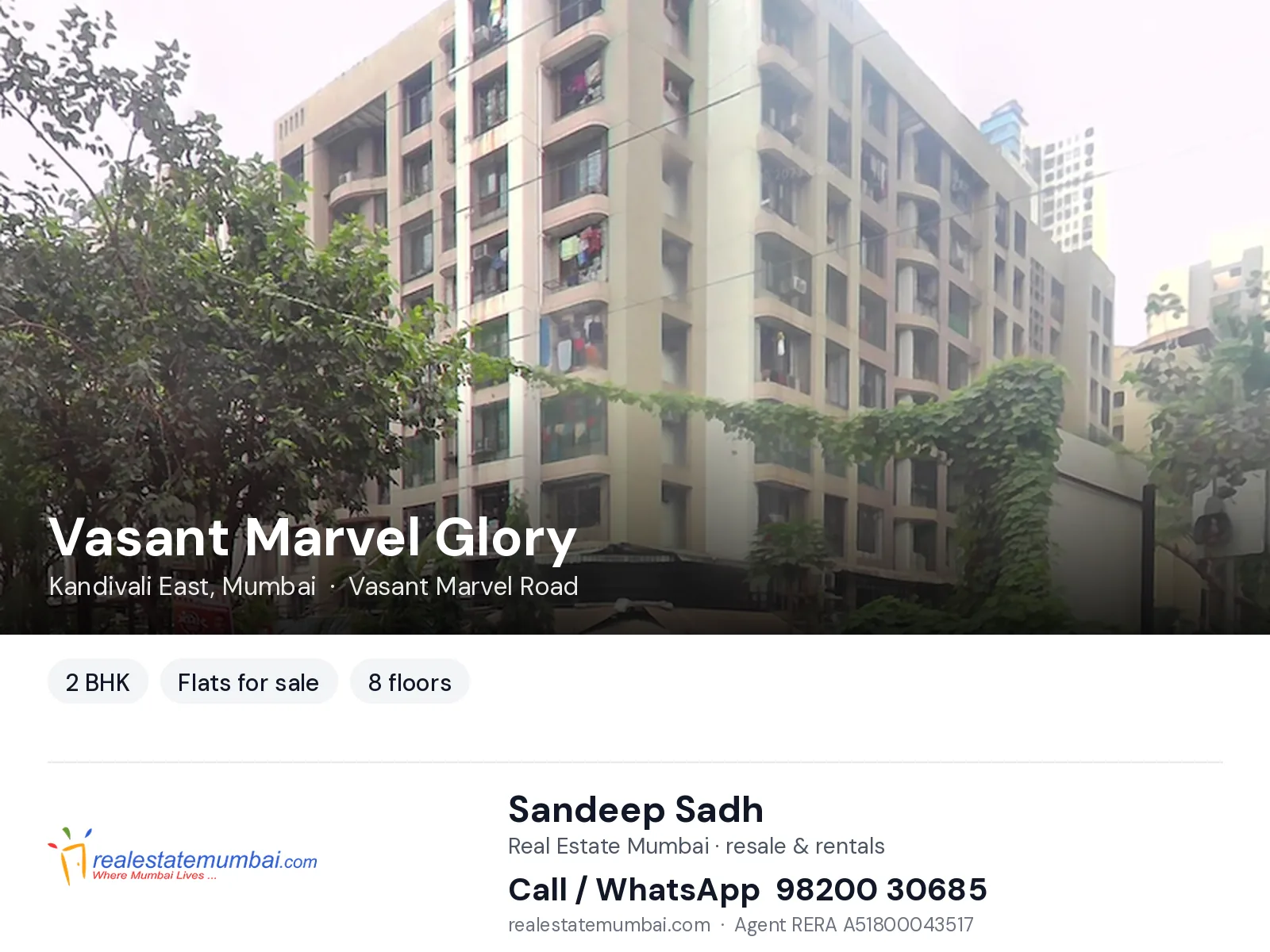 Vasant Marvel Glory, Kandivali East, Mumbai — 2 BHK flats for sale | Real Estate Mumbai, Sandeep Sadh 98200 30685