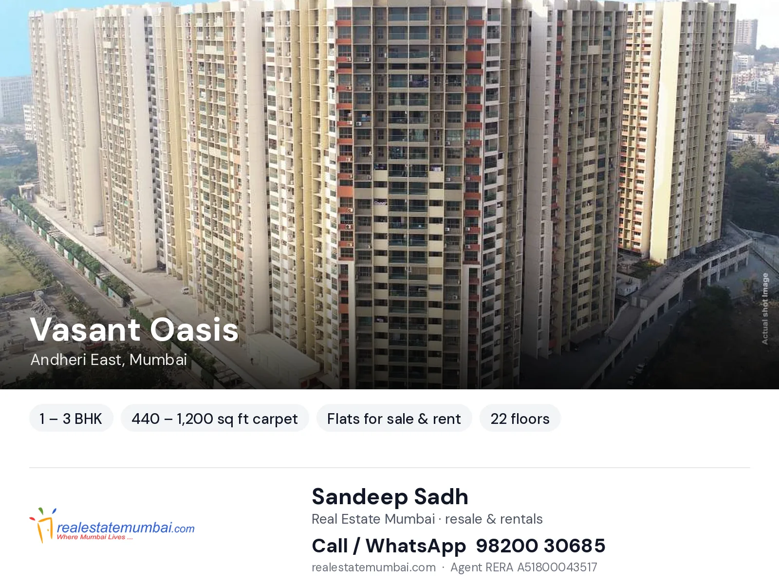 Vasant Oasis, Andheri East, Mumbai — 1 – 3 BHK flats for sale & rent | Real Estate Mumbai, Sandeep Sadh 98200 30685