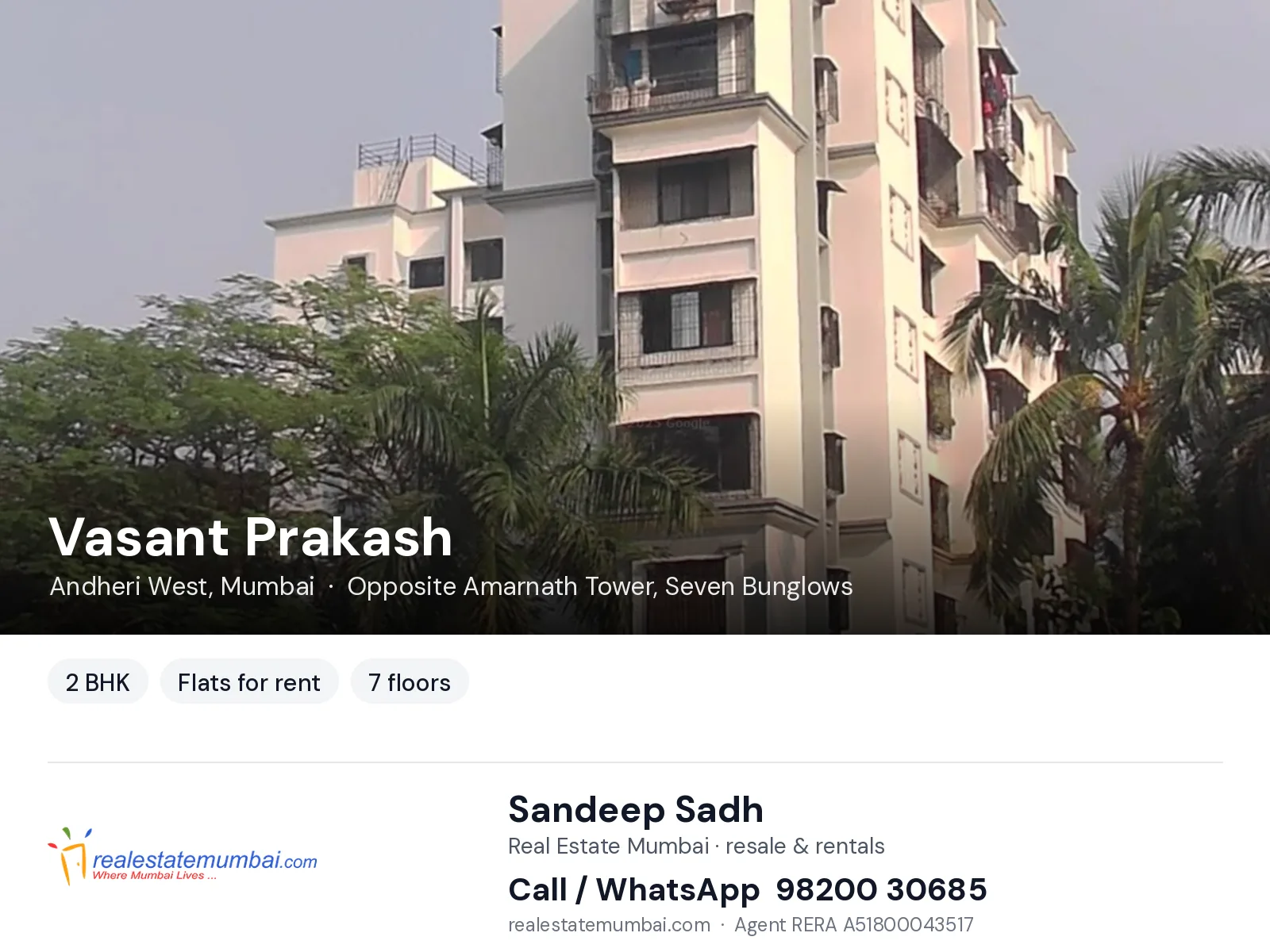 Vasant Prakash, Andheri West, Mumbai — 2 BHK flats for rent | Real Estate Mumbai, Sandeep Sadh 98200 30685