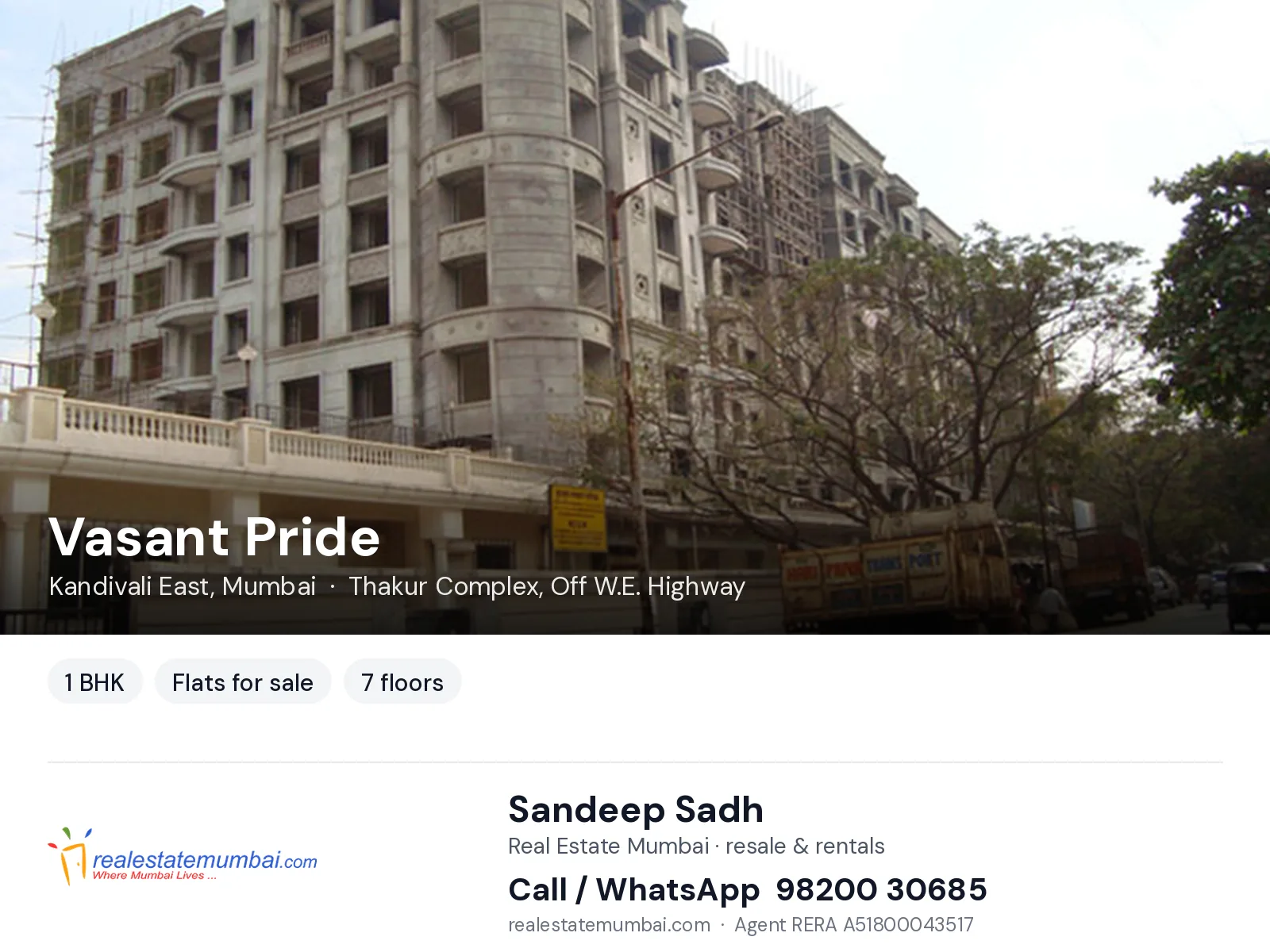 Vasant Pride, Kandivali East, Mumbai — 1 BHK flats for sale | Real Estate Mumbai, Sandeep Sadh 98200 30685