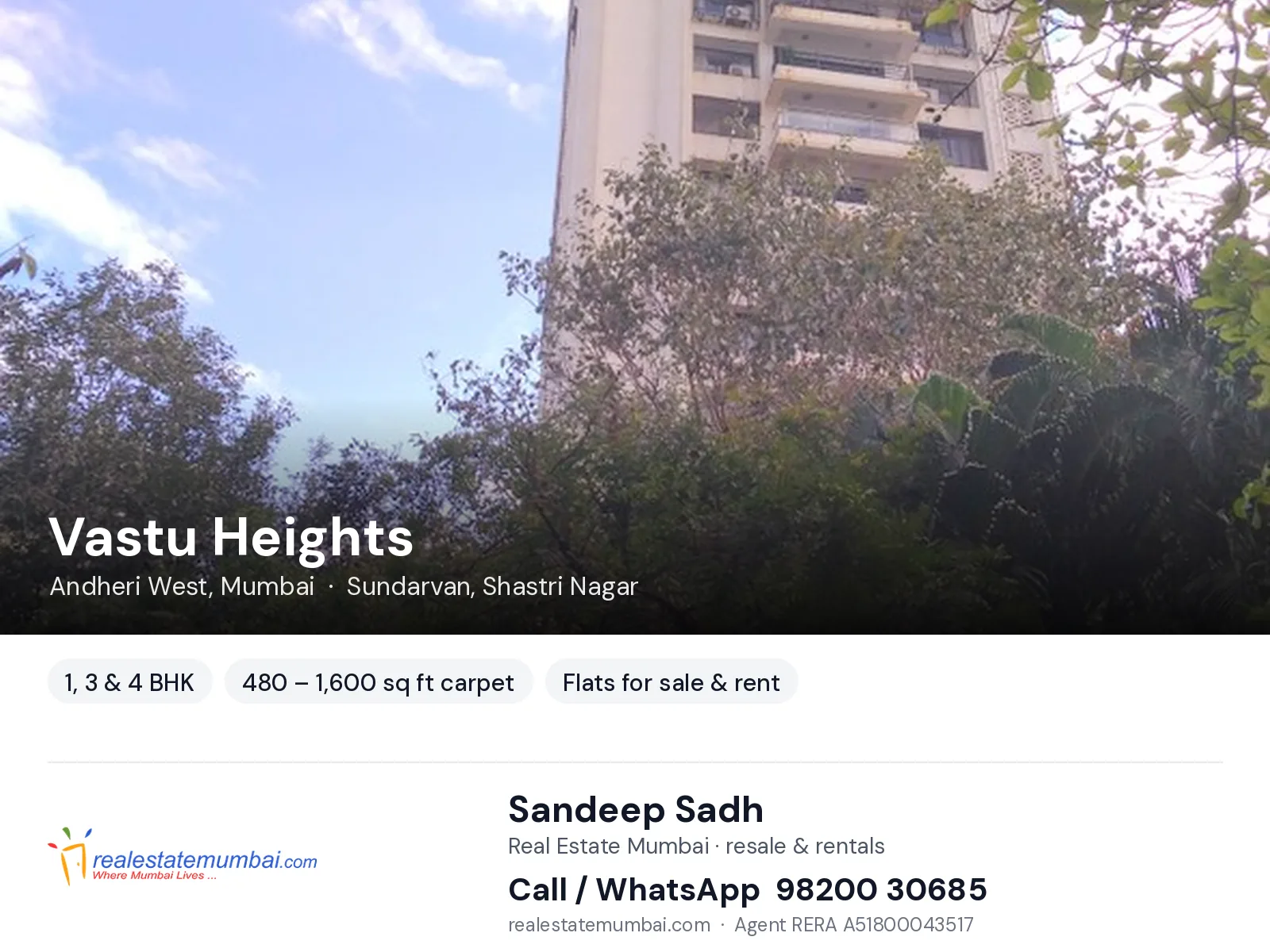 Vastu Heights, Andheri West, Mumbai — 1, 3 & 4 BHK flats for sale & rent | Real Estate Mumbai, Sandeep Sadh 98200 30685