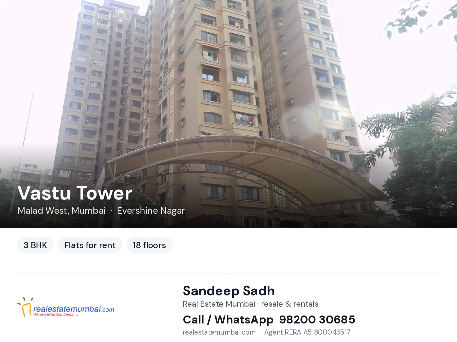 Vastu Tower, Malad West, Mumbai — 3 BHK flats for rent | Real Estate Mumbai, Sandeep Sadh 98200 30685
