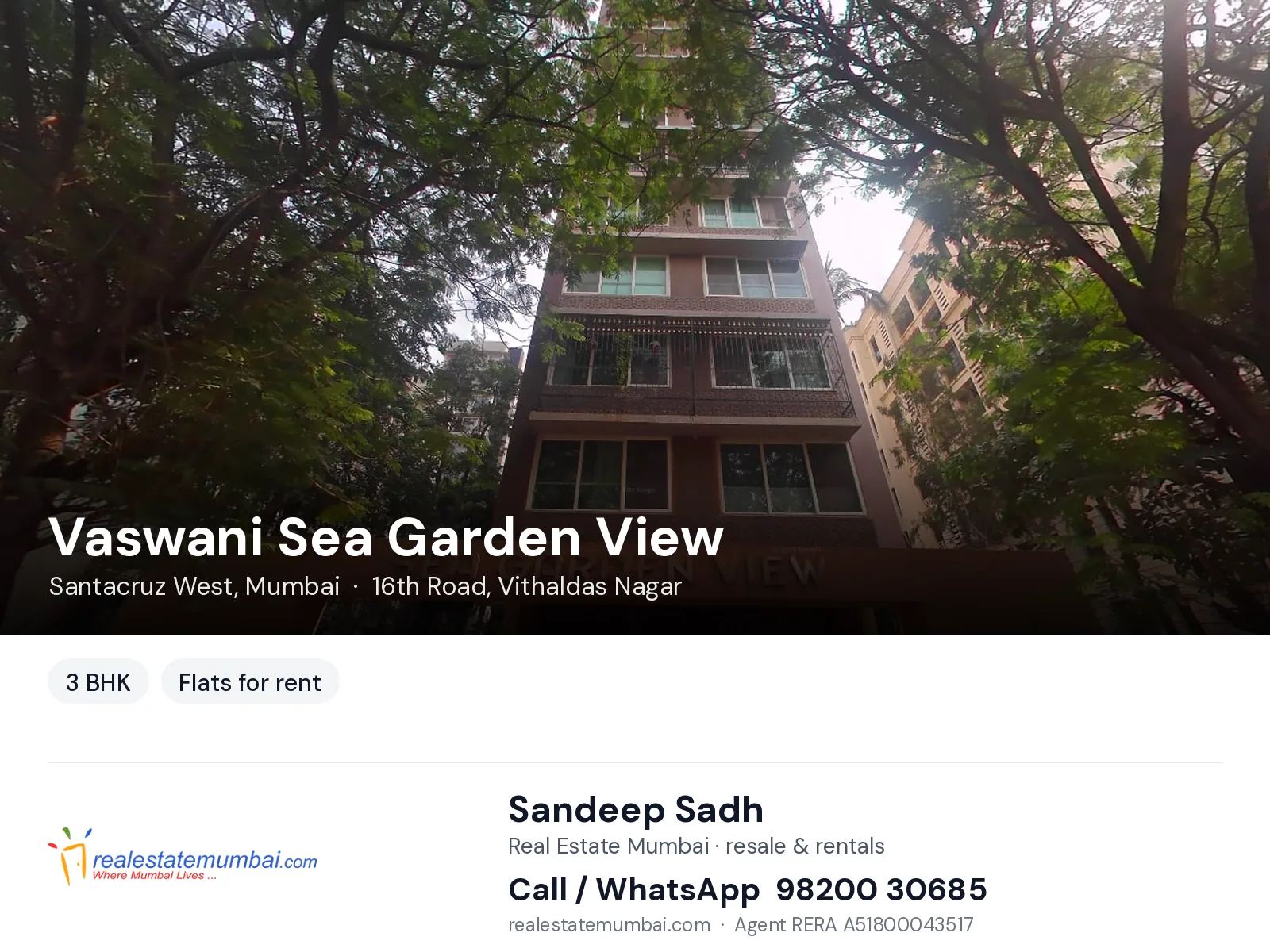 Vaswani Sea Garden View, Santacruz West, Mumbai — 3 BHK flats for rent | Real Estate Mumbai, Sandeep Sadh 98200 30685