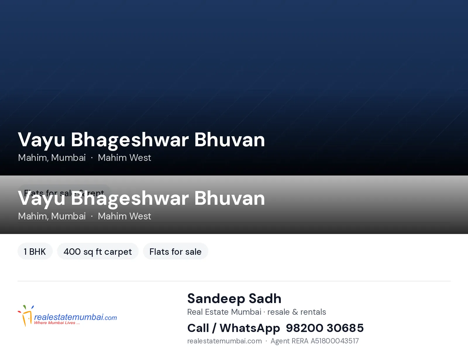 Vayu Bhageshwar Bhuvan, Mahim, Mumbai — 1 BHK flats for sale | Real Estate Mumbai, Sandeep Sadh 98200 30685