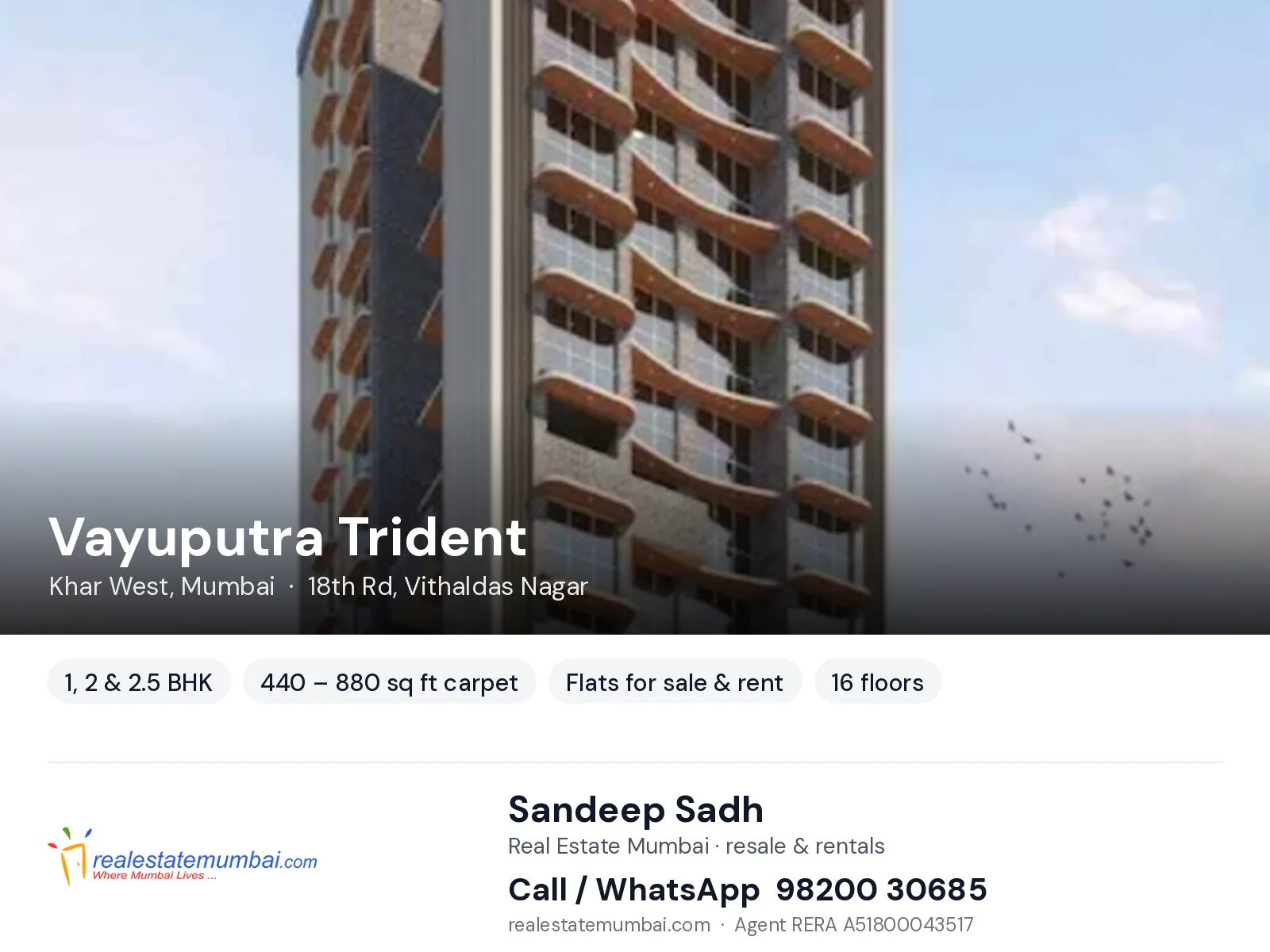 Vayuputra Trident, Khar West, Mumbai — 1, 2 & 2.5 BHK flats for sale & rent | Real Estate Mumbai, Sandeep Sadh 98200 30685