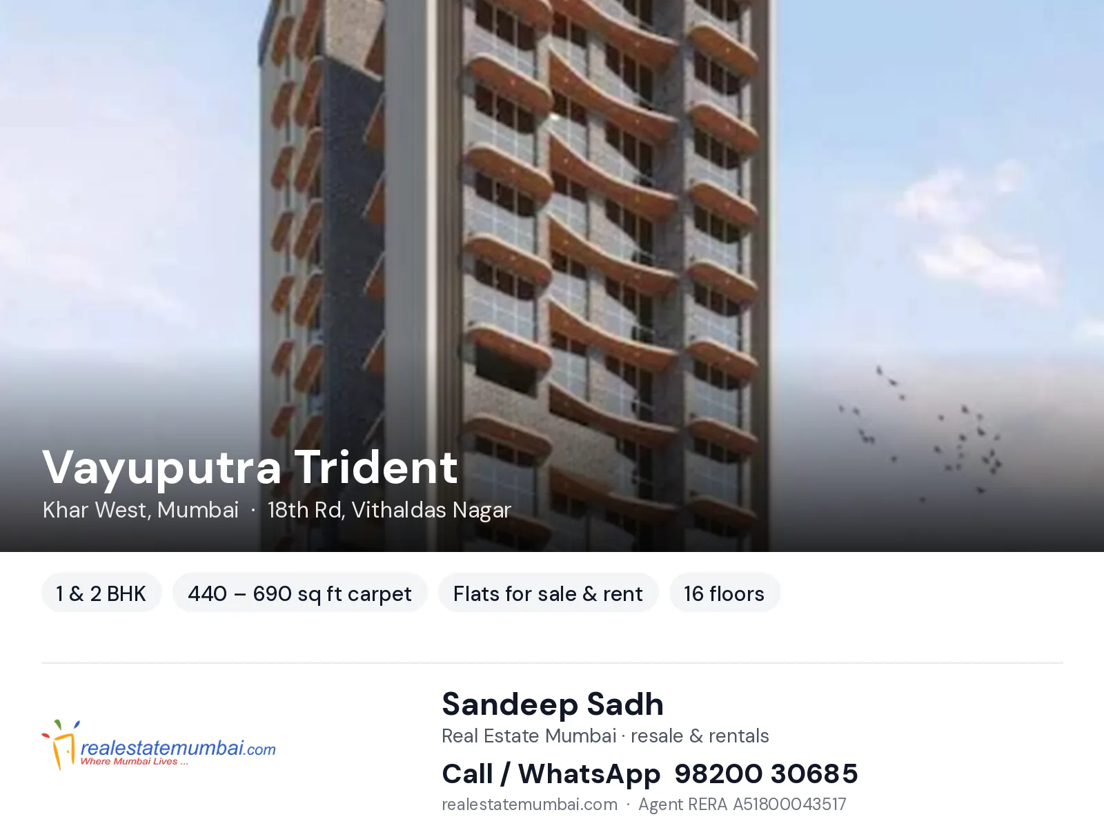Vayuputra Trident, Khar West, Mumbai — 1 & 2 BHK flats for sale & rent | Real Estate Mumbai, Sandeep Sadh 98200 30685
