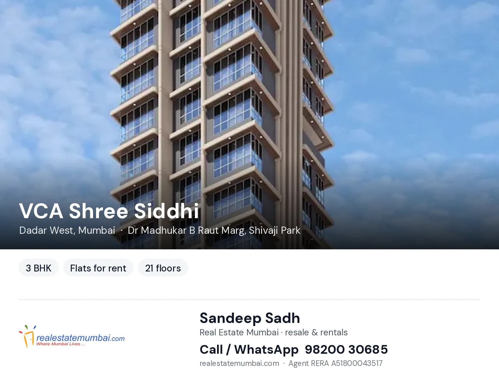 VCA Shree Siddhi, Dadar West, Mumbai — 3 BHK flats for rent | Real Estate Mumbai, Sandeep Sadh 98200 30685
