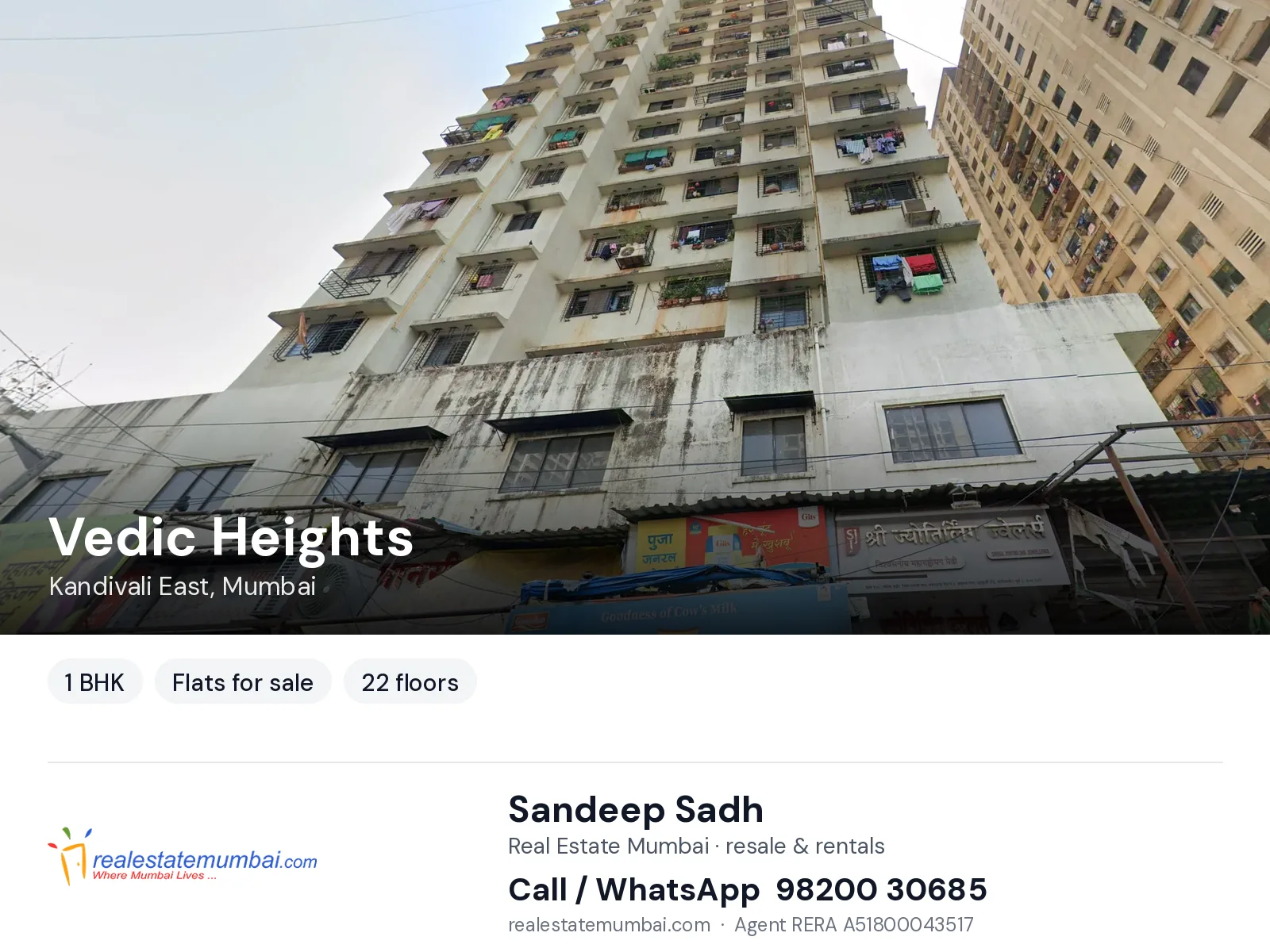 Vedic Heights, Kandivali East, Mumbai — 1 BHK flats for sale | Real Estate Mumbai, Sandeep Sadh 98200 30685