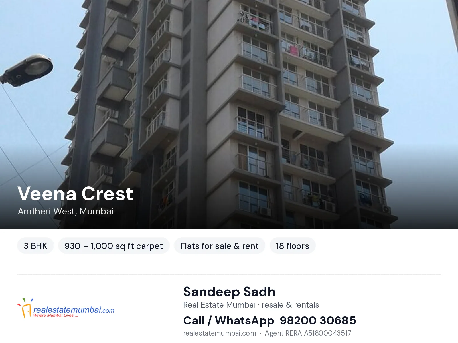 Veena Crest, Andheri West, Mumbai — 3 BHK flats for sale & rent | Real Estate Mumbai, Sandeep Sadh 98200 30685